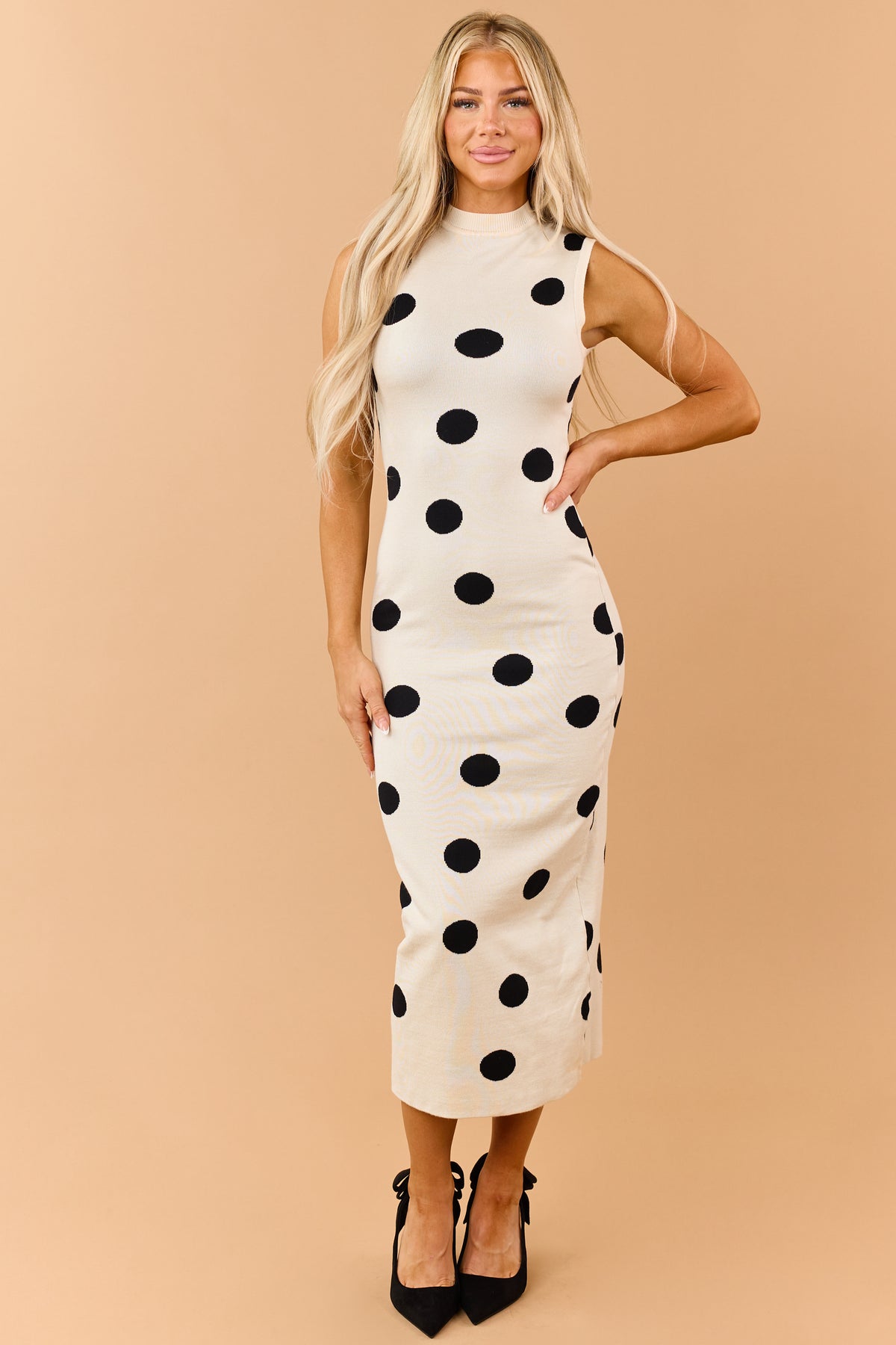 Almond Polka Dot Sleeveless Sweater Knit Midi Dress