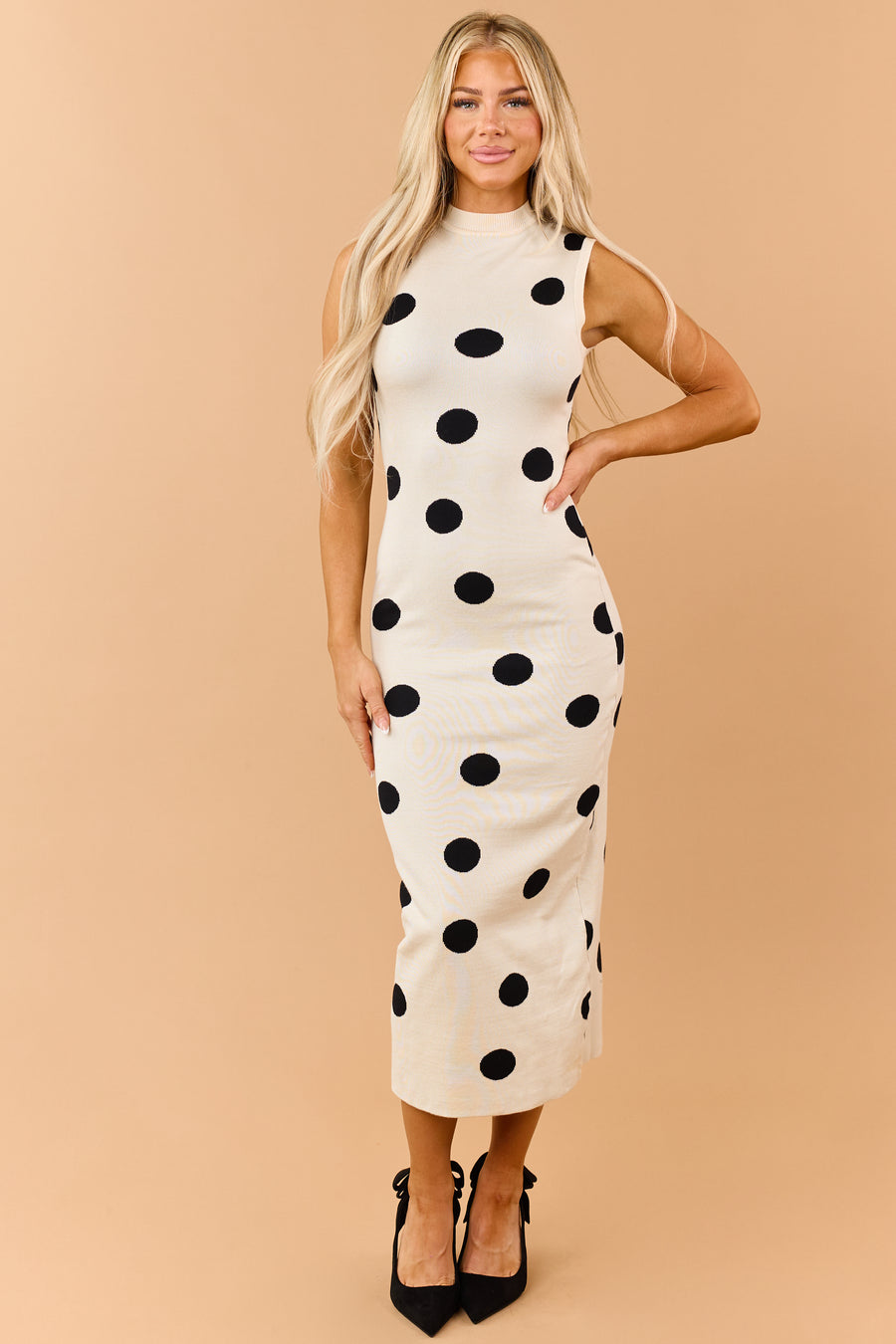Almond Polka Dot Sleeveless Sweater Knit Midi Dress