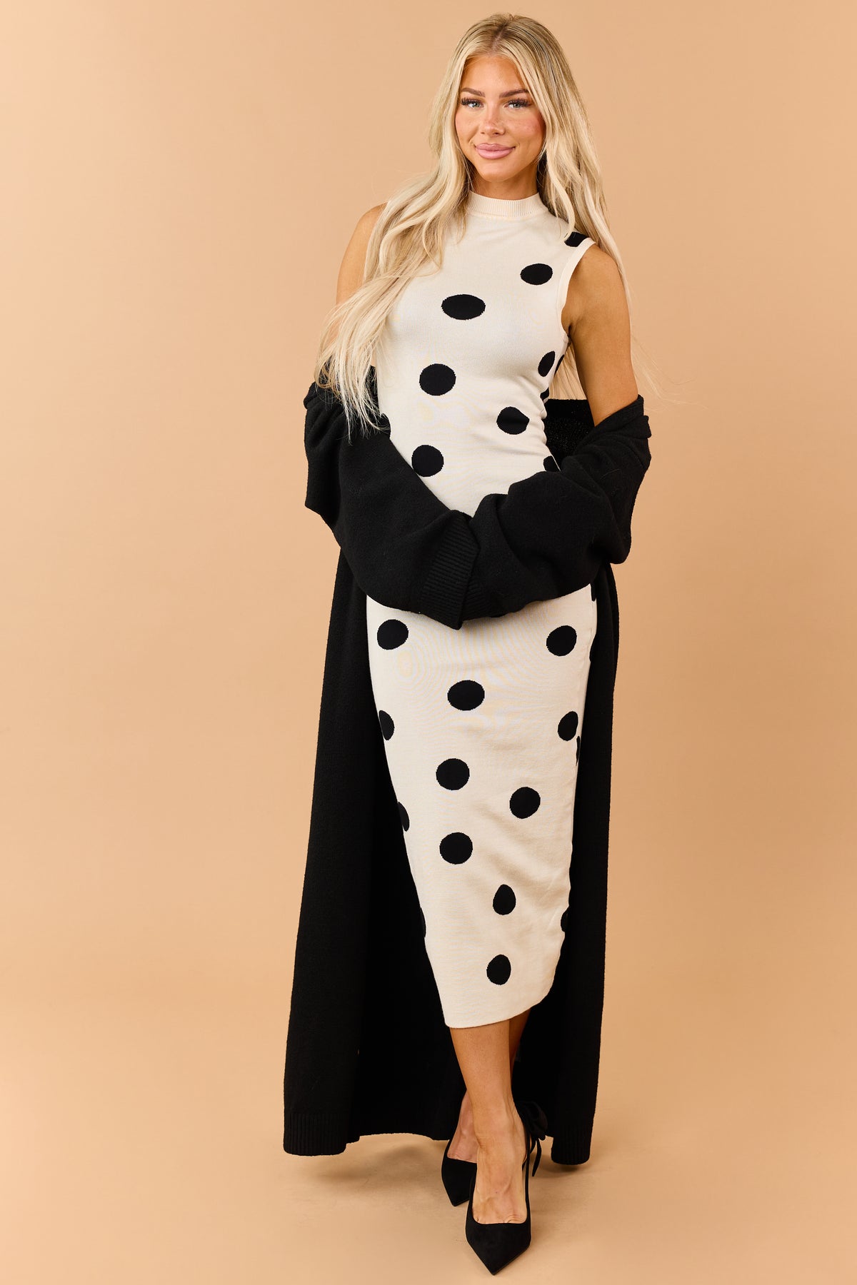 Almond Polka Dot Sleeveless Sweater Knit Midi Dress