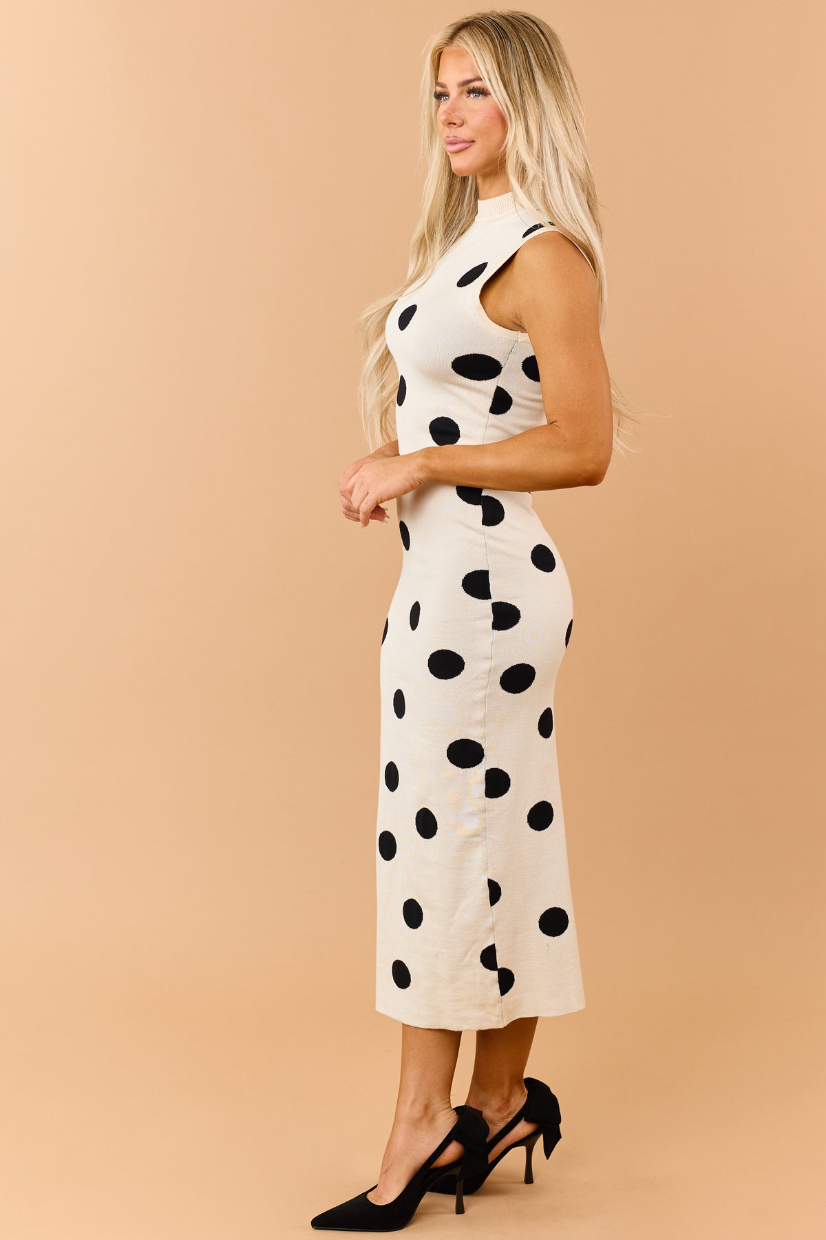 Almond Polka Dot Sleeveless Sweater Knit Midi Dress