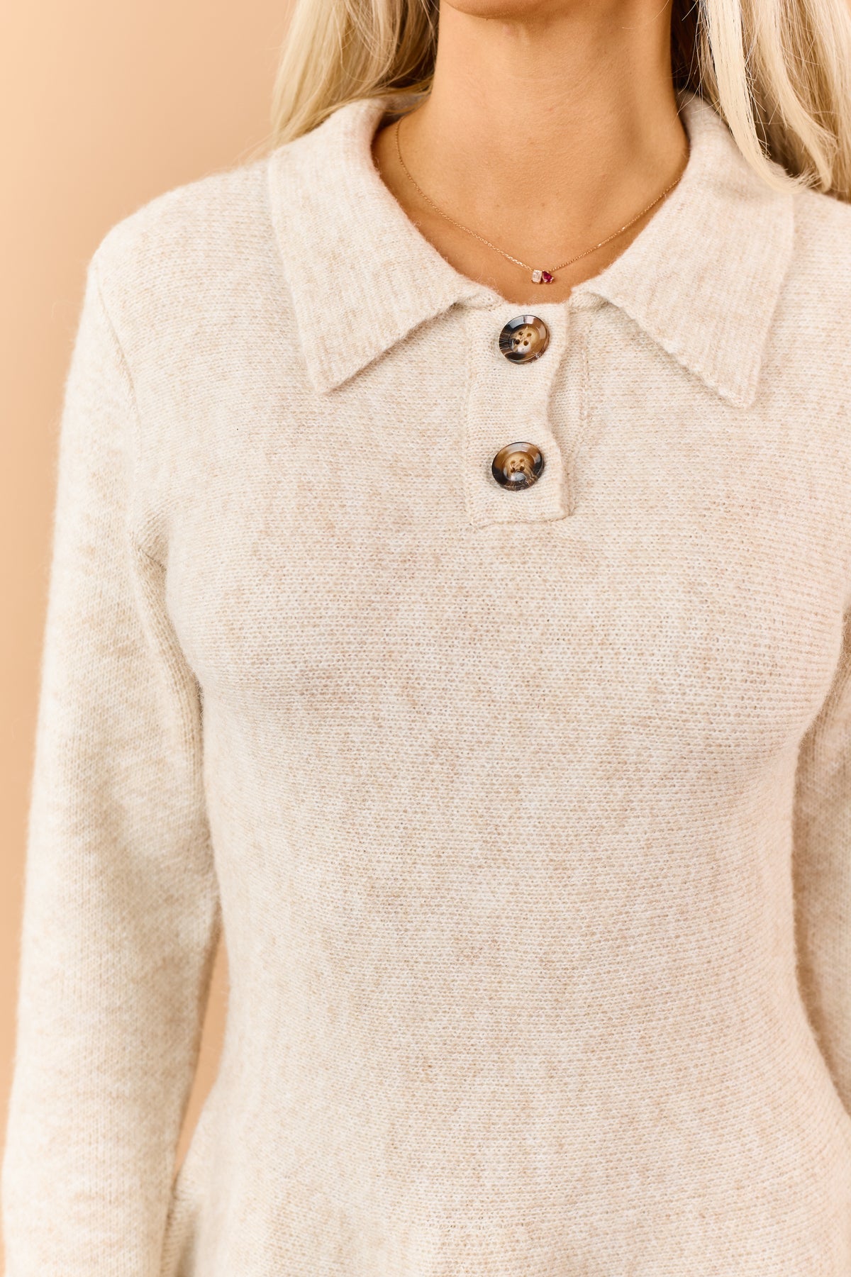 Almond Polo Style Flared Mini Sweater Dress