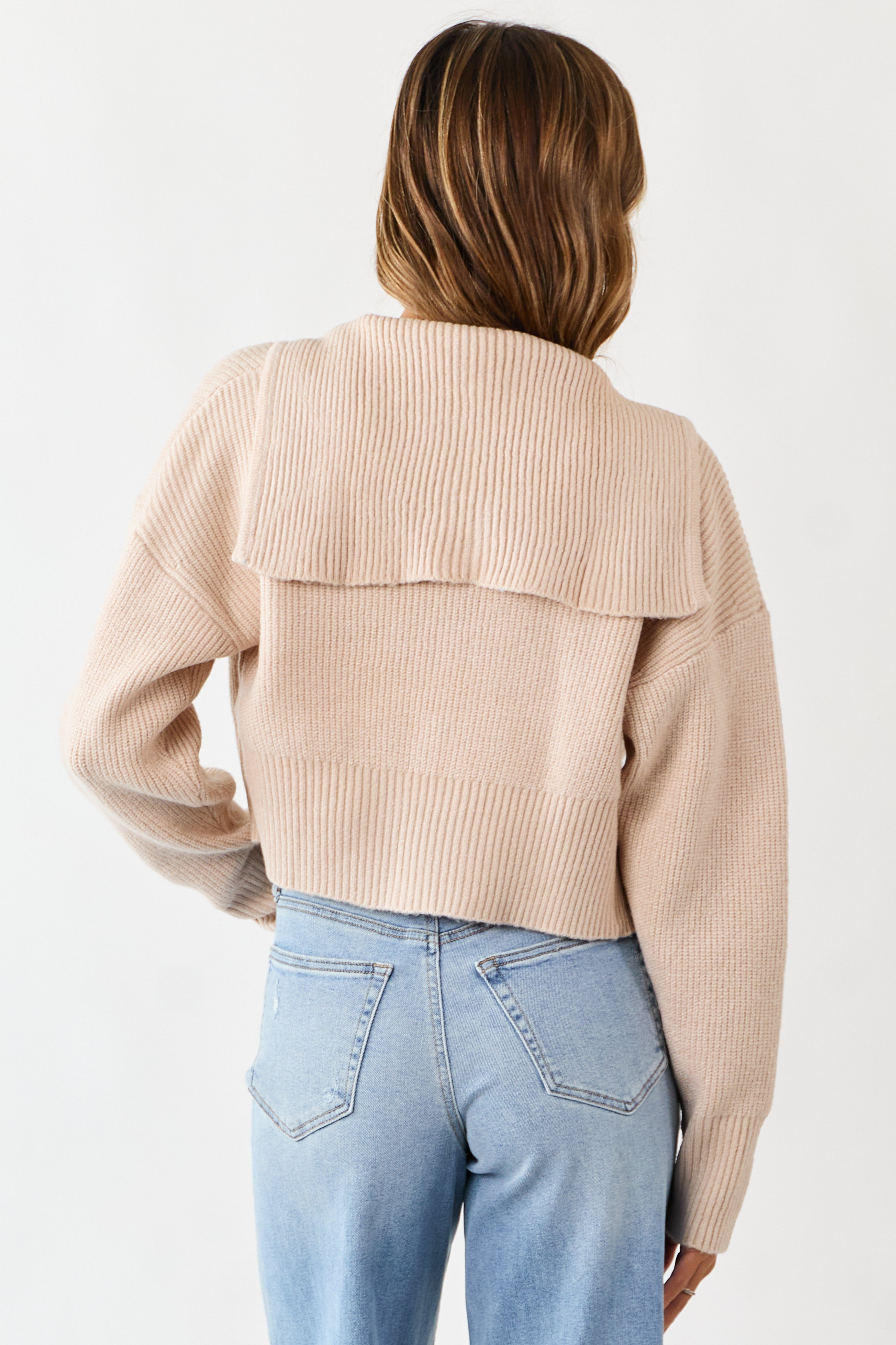 Almond Rib Knit Flat Collar Zip Up Sweater Jacket