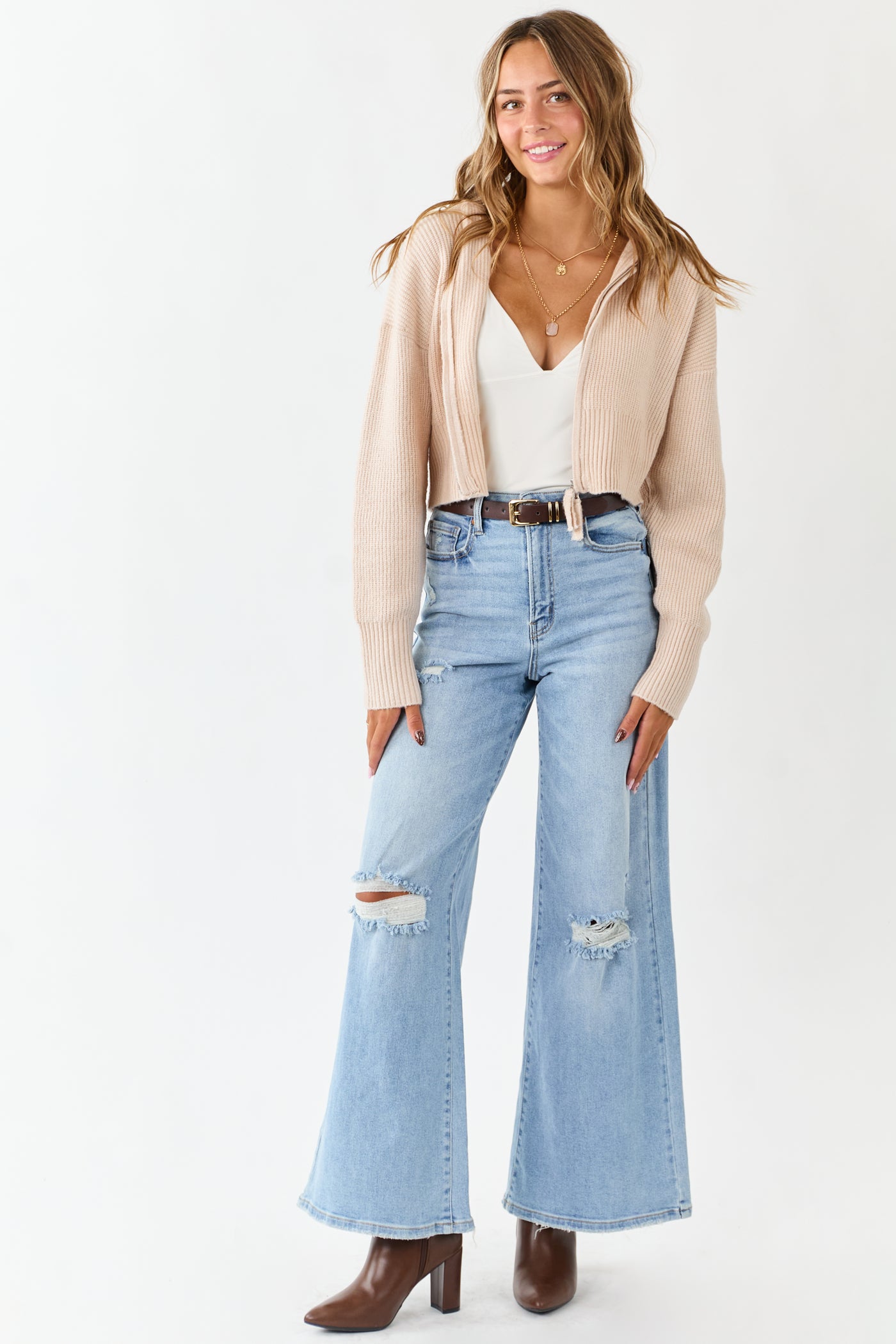 Almond Rib Knit Flat Collar Zip Up Sweater Jacket