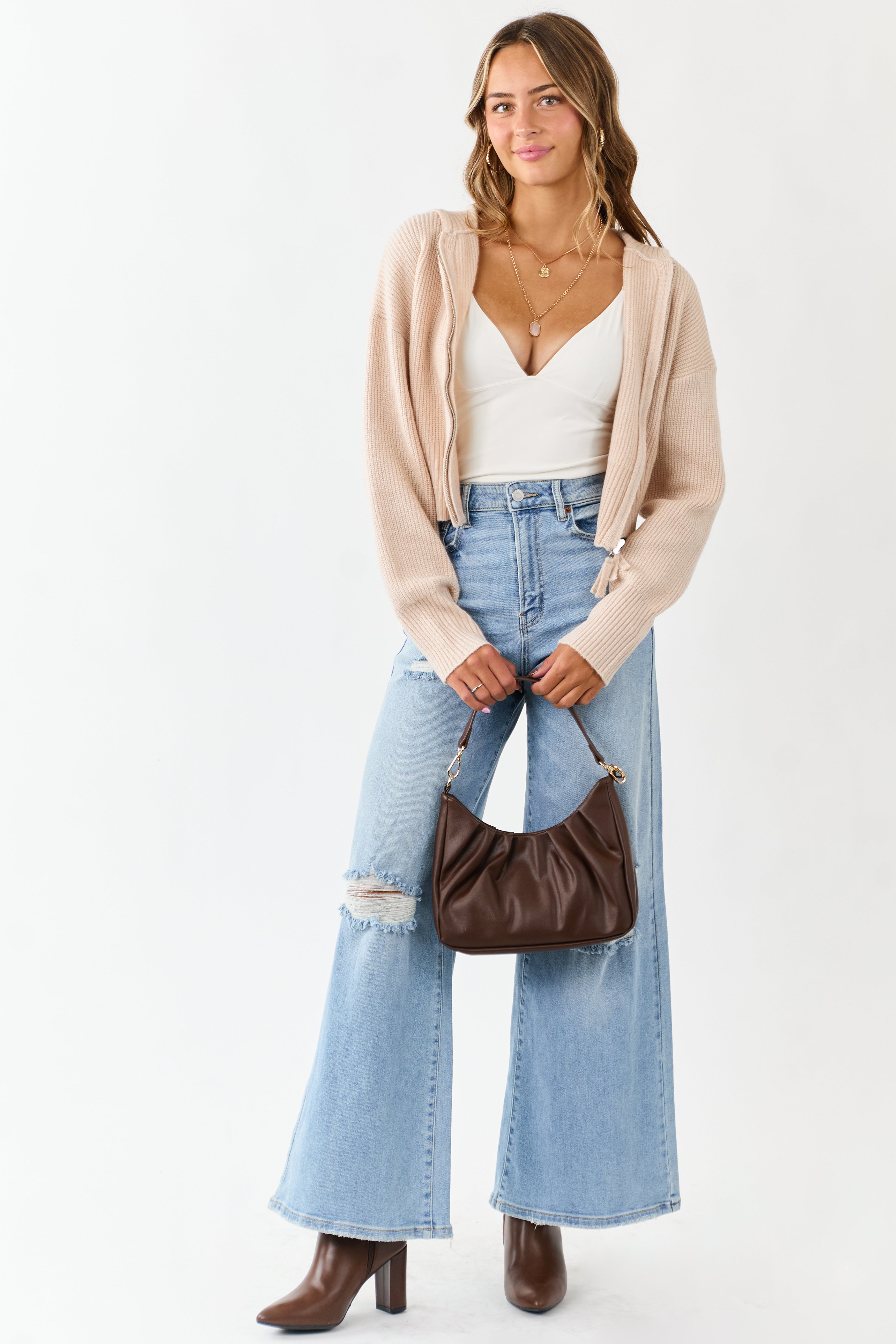 Almond Rib Knit Flat Collar Zip Up Sweater Jacket