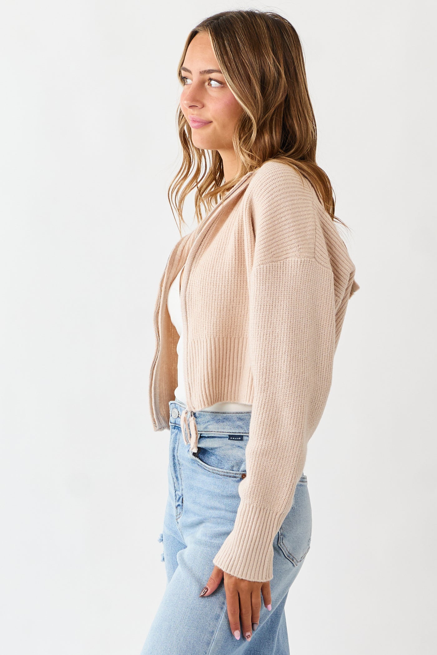 Almond Rib Knit Flat Collar Zip Up Sweater Jacket