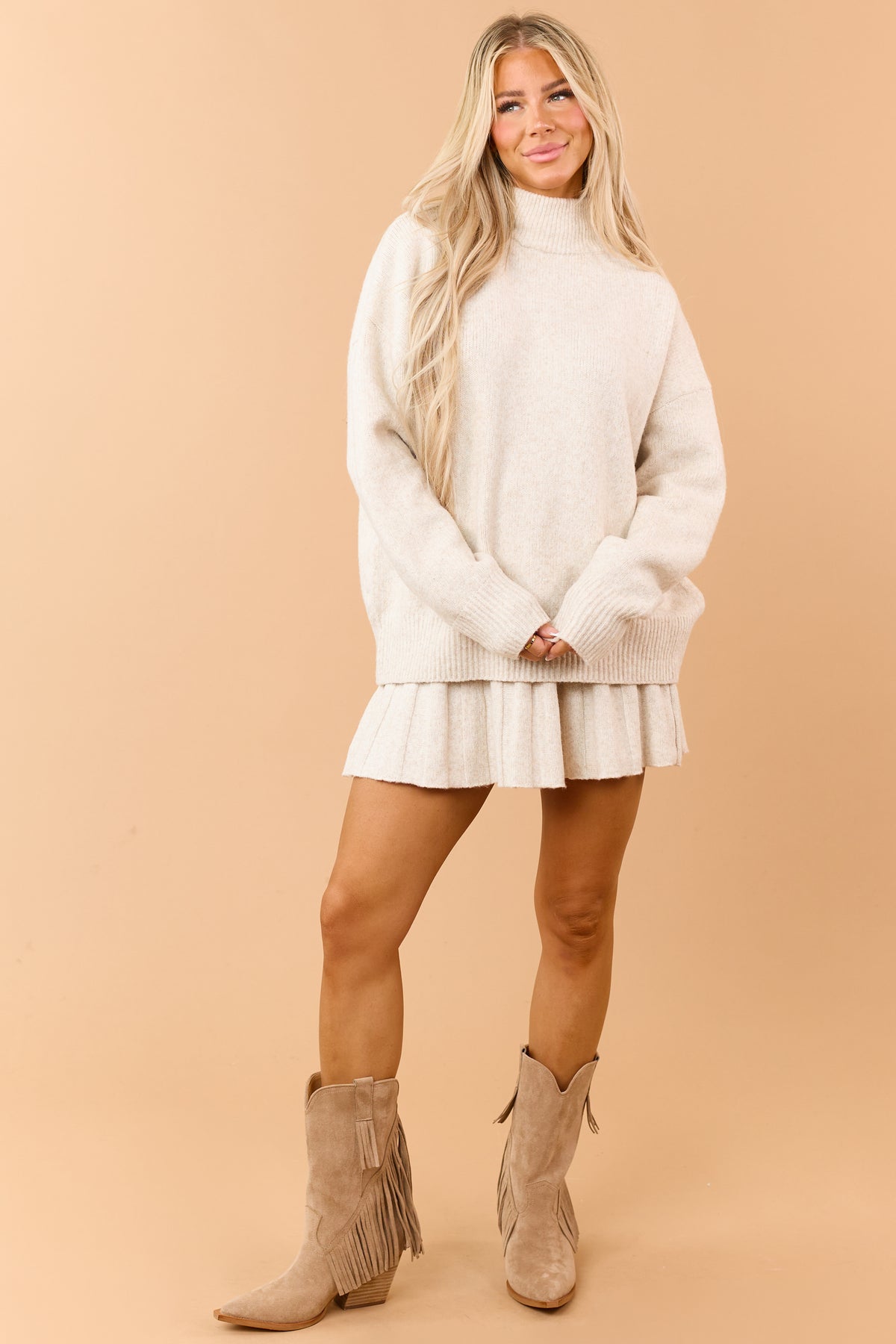 Almond Rib Knit Mock Neck Sweater and Skirt Set