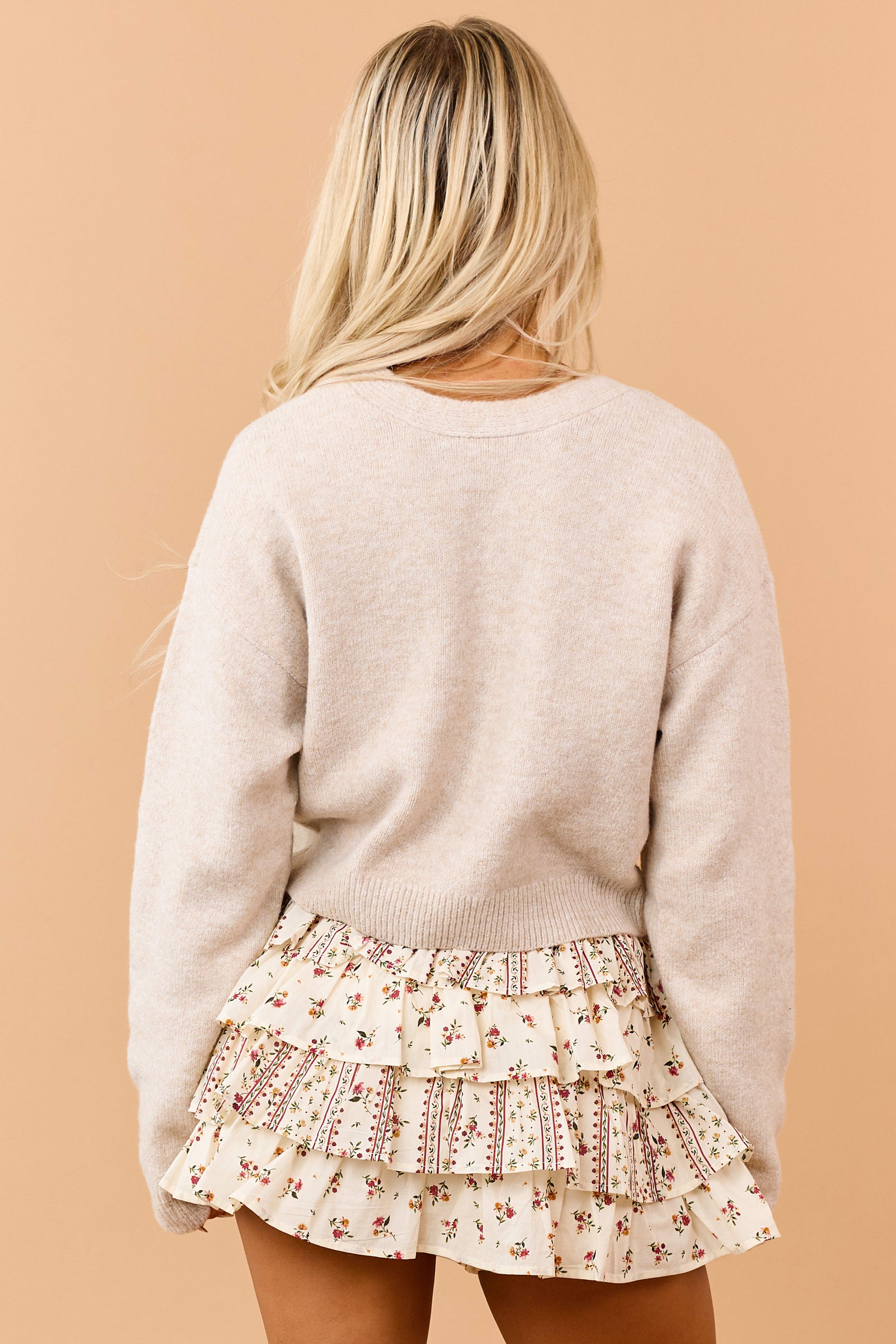 Almond Rib Knit Open Bow Tie Design Sweater