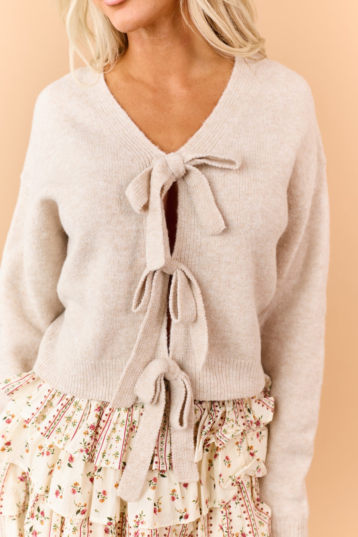 Almond Rib Knit Open Bow Tie Design Sweater