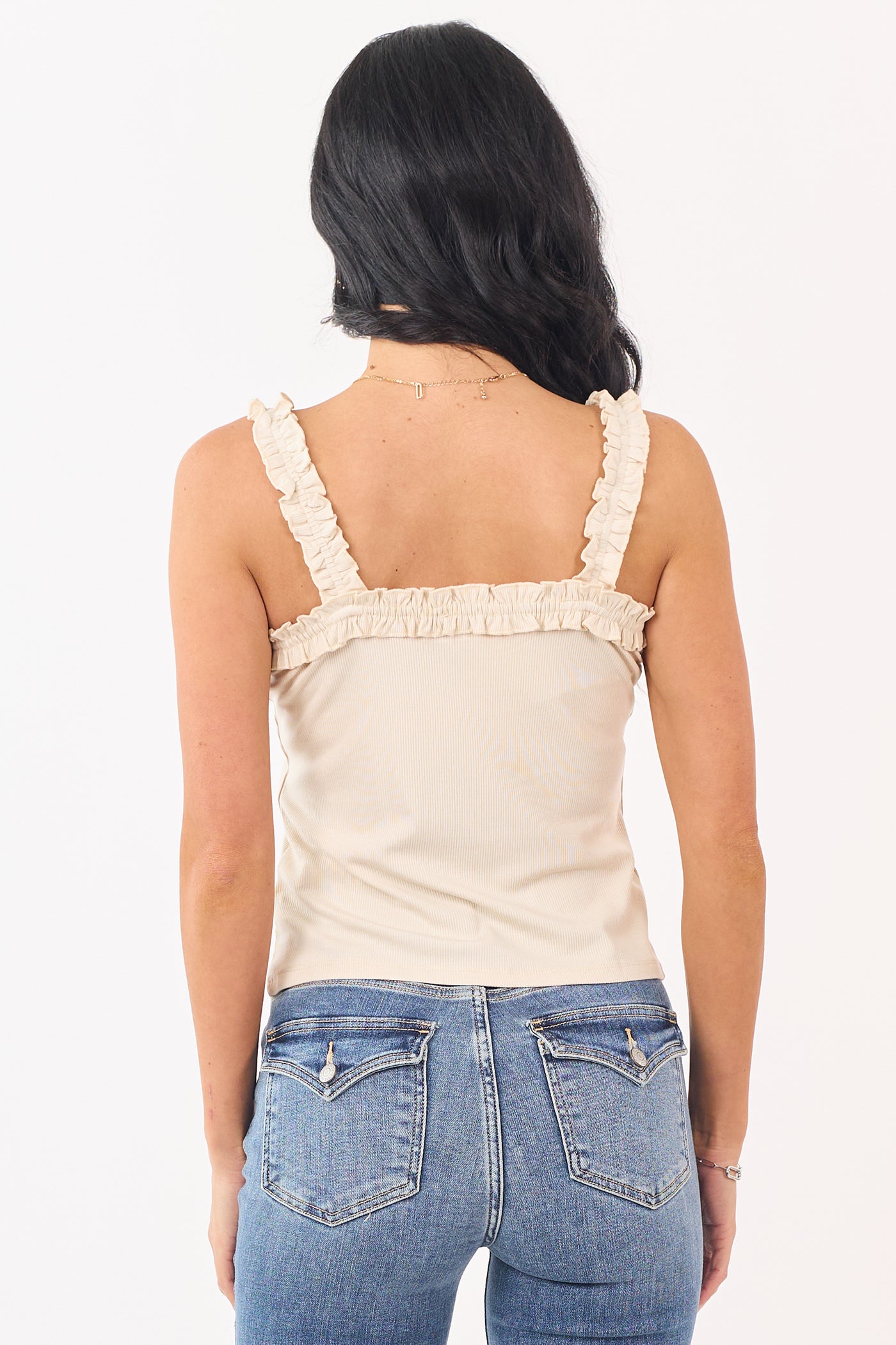 Almond Rib Knit Ruffle Trim Elastic Strap Tank Top