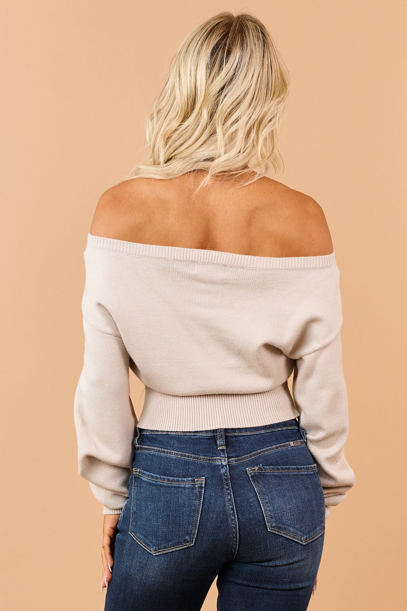 Almond Ribbed Trim Off Shoulder Soft Knit Sweater