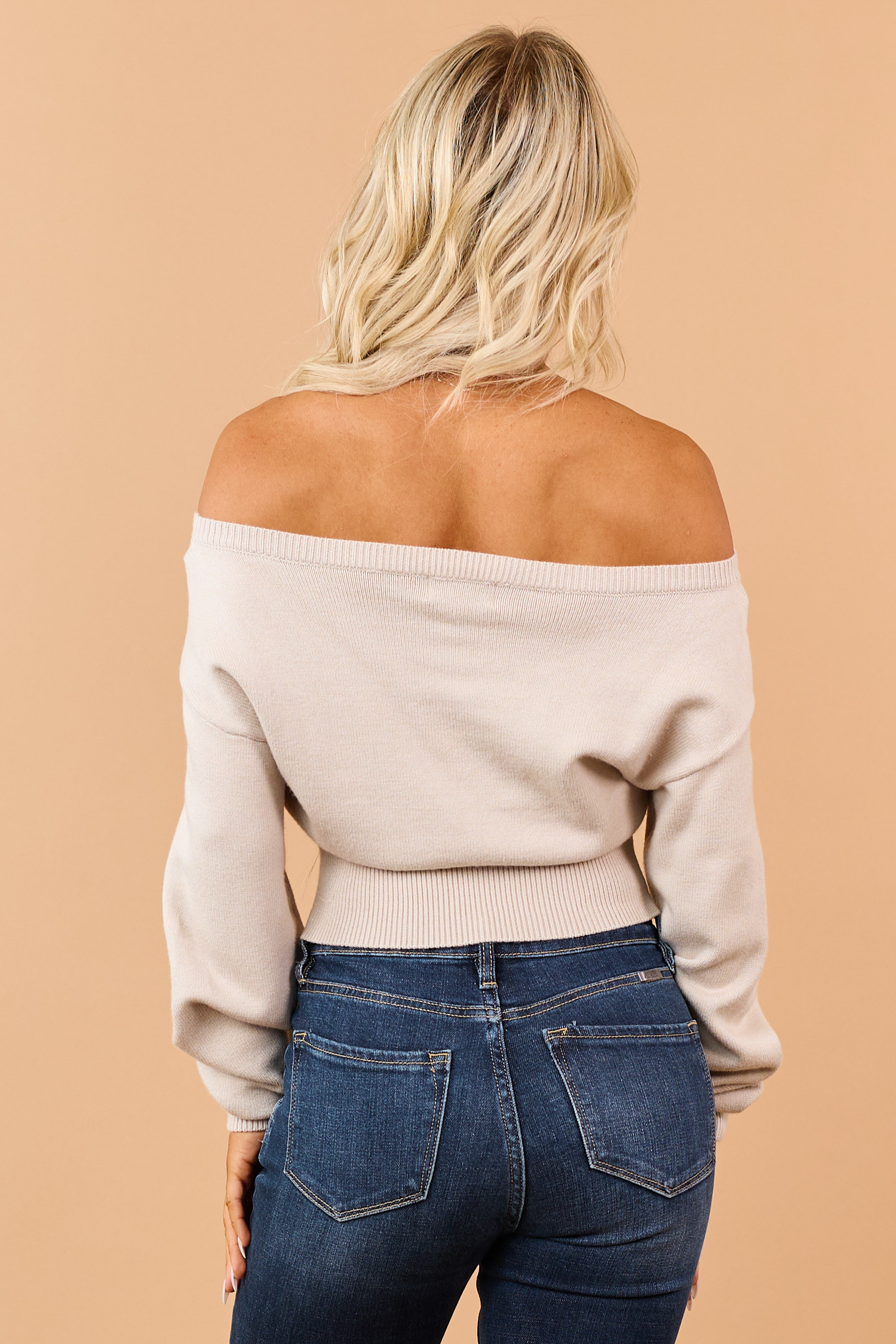 Almond Ribbed Trim Off Shoulder Soft Knit Sweater