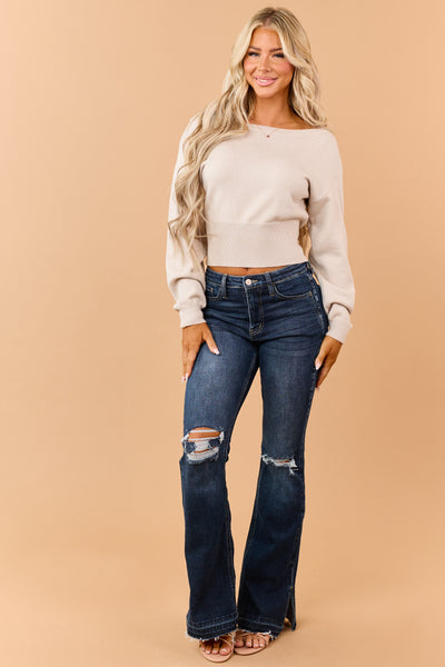 Almond Ribbed Trim Off Shoulder Soft Knit Sweater
