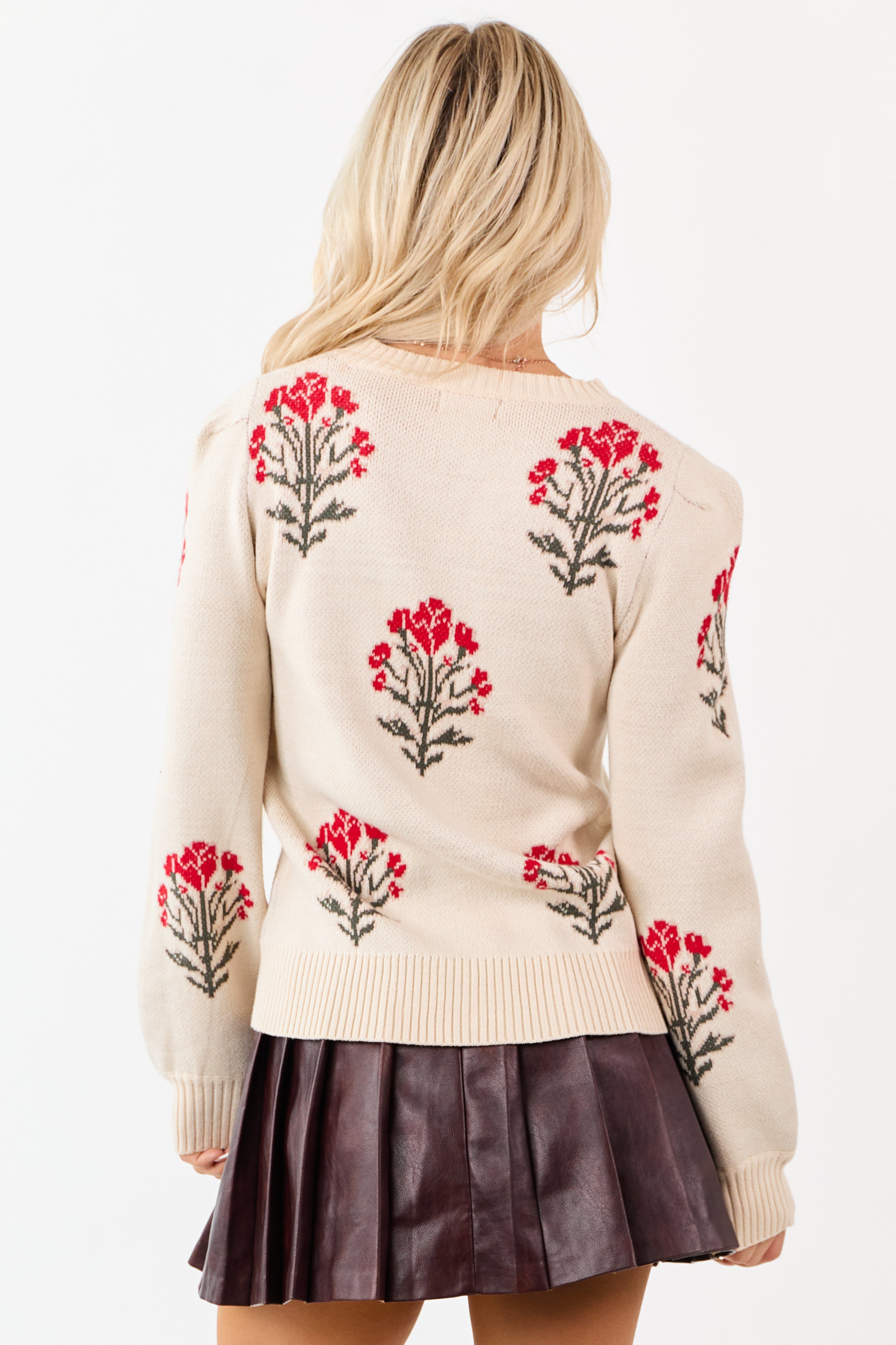 Almond Rose Stem Jacquard Soft Knit Sweater