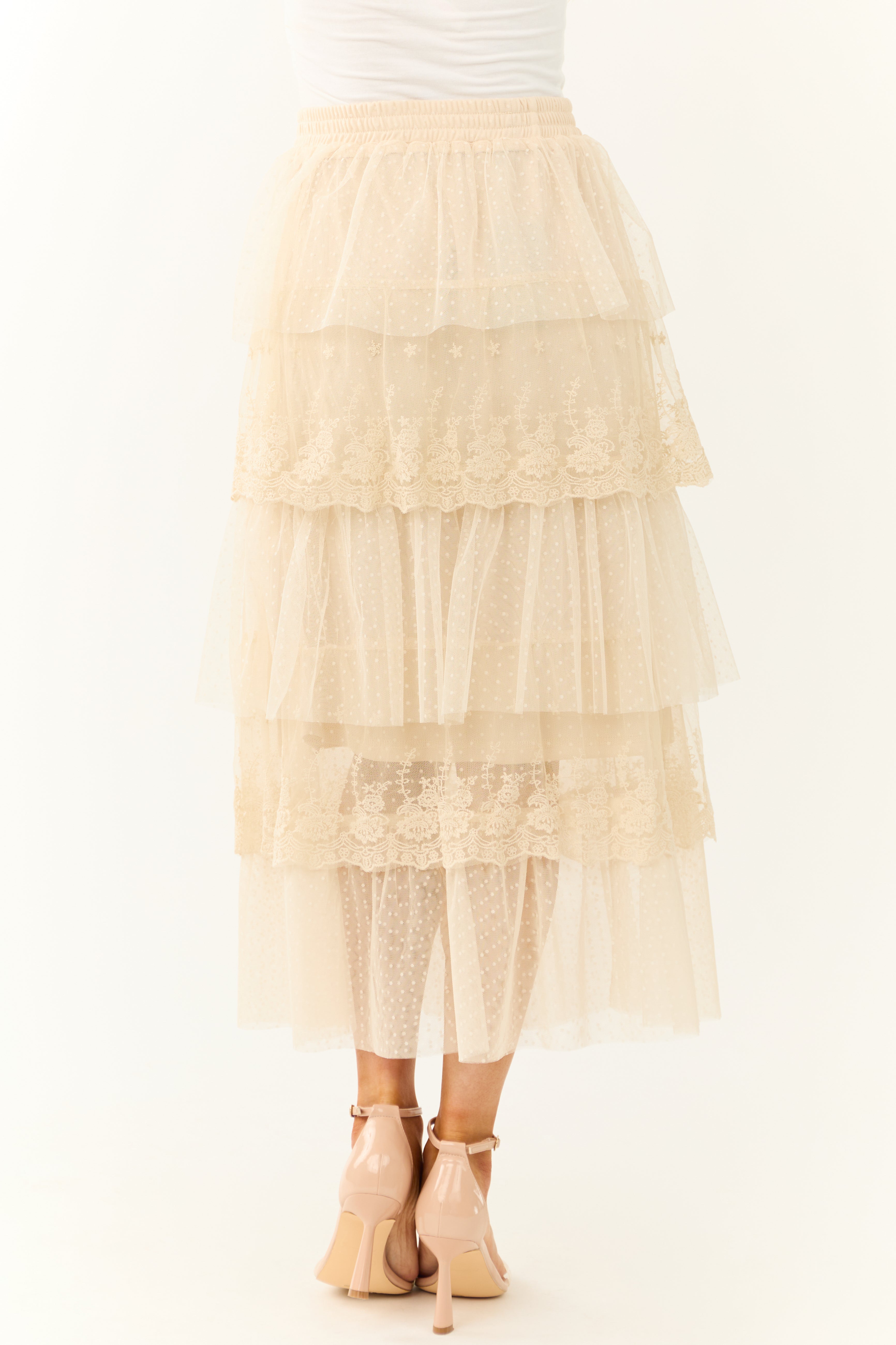Almond Ruffle Swiss Dot Tulle Midi Skirt | Lime Lush Boutique
