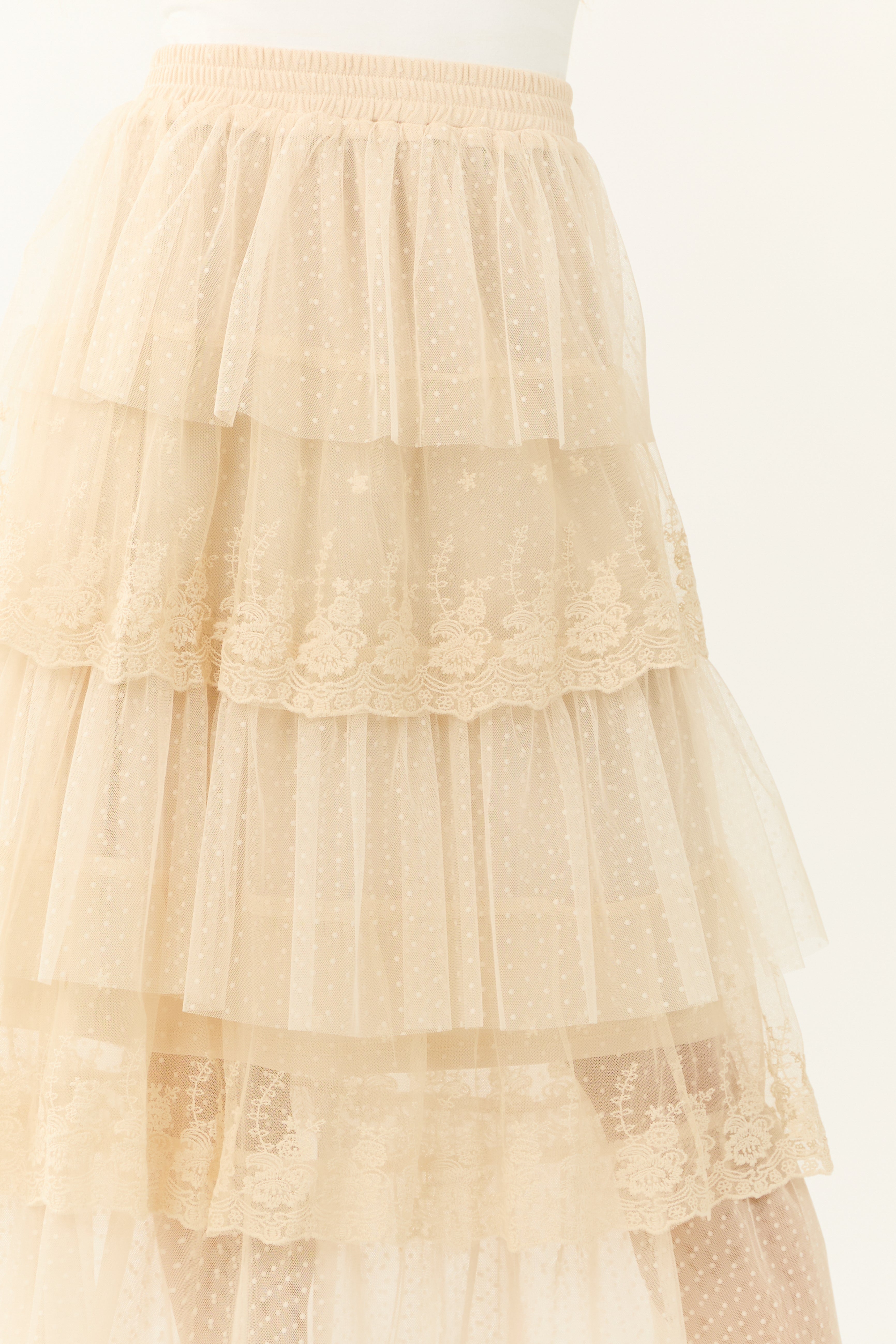 Almond Ruffle Swiss Dot Tulle Midi Skirt | Lime Lush Boutique