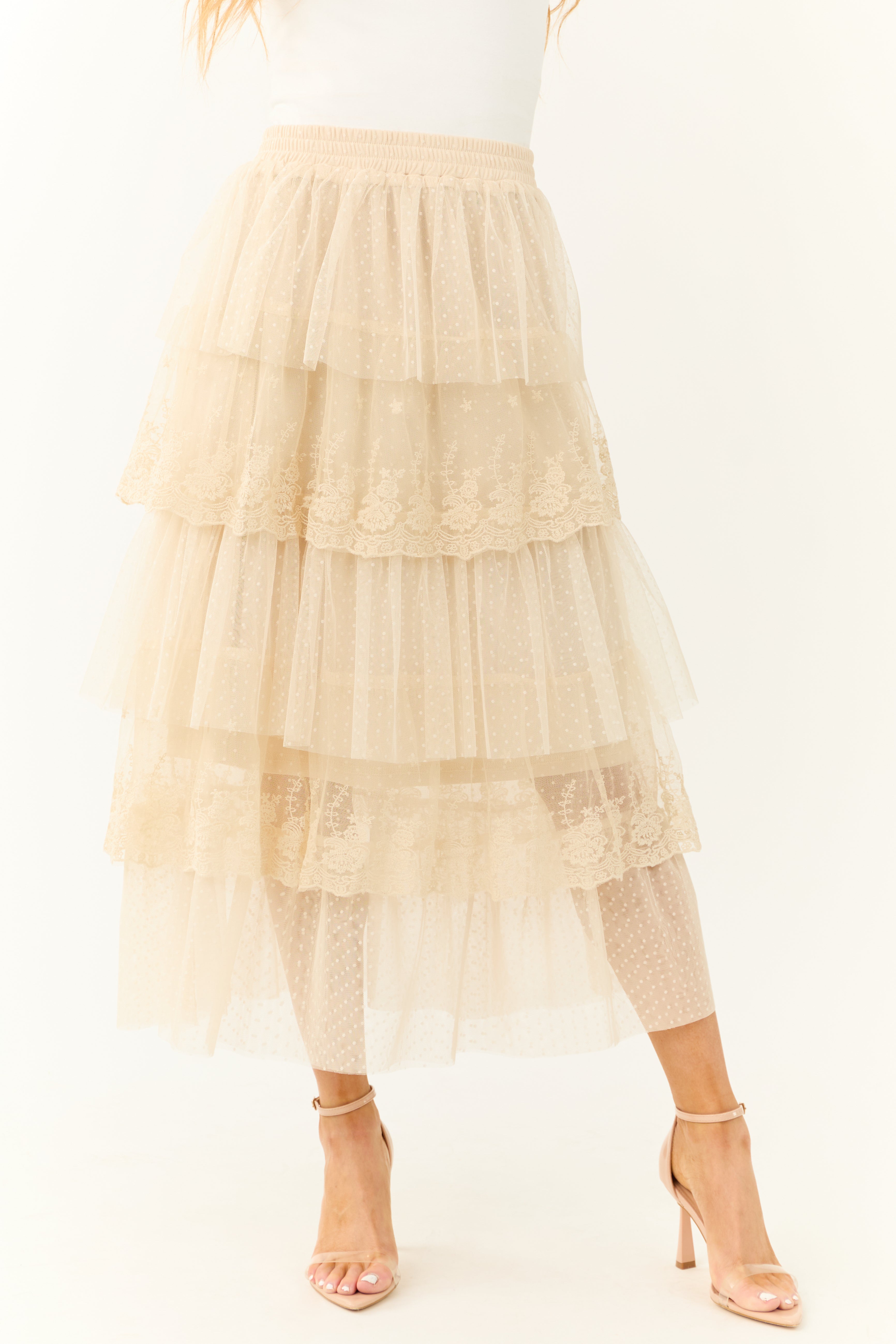 Almond Ruffle Swiss Dot Tulle Midi Skirt | Lime Lush Boutique