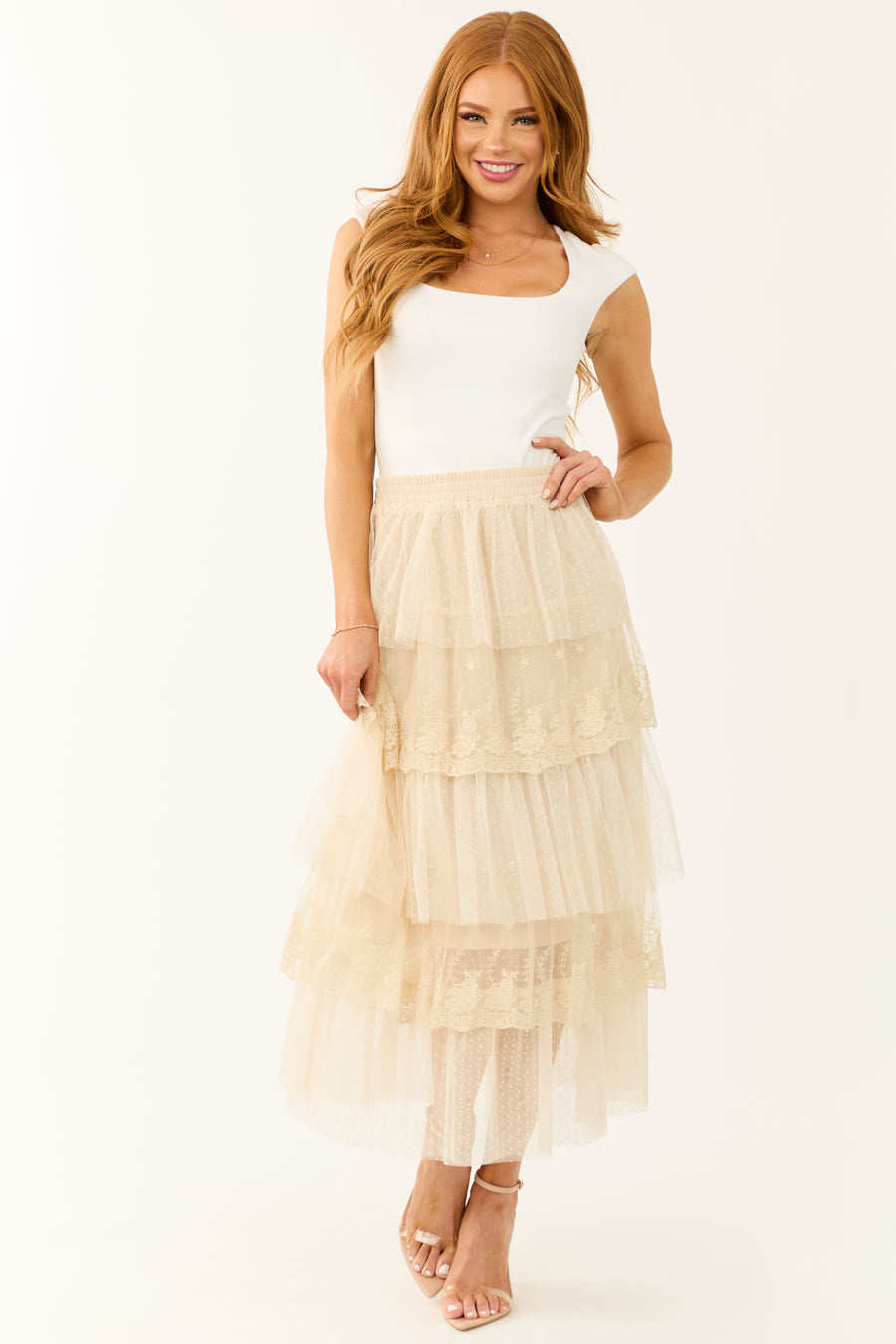 Almond Ruffle Swiss Dot Tulle Midi Skirt