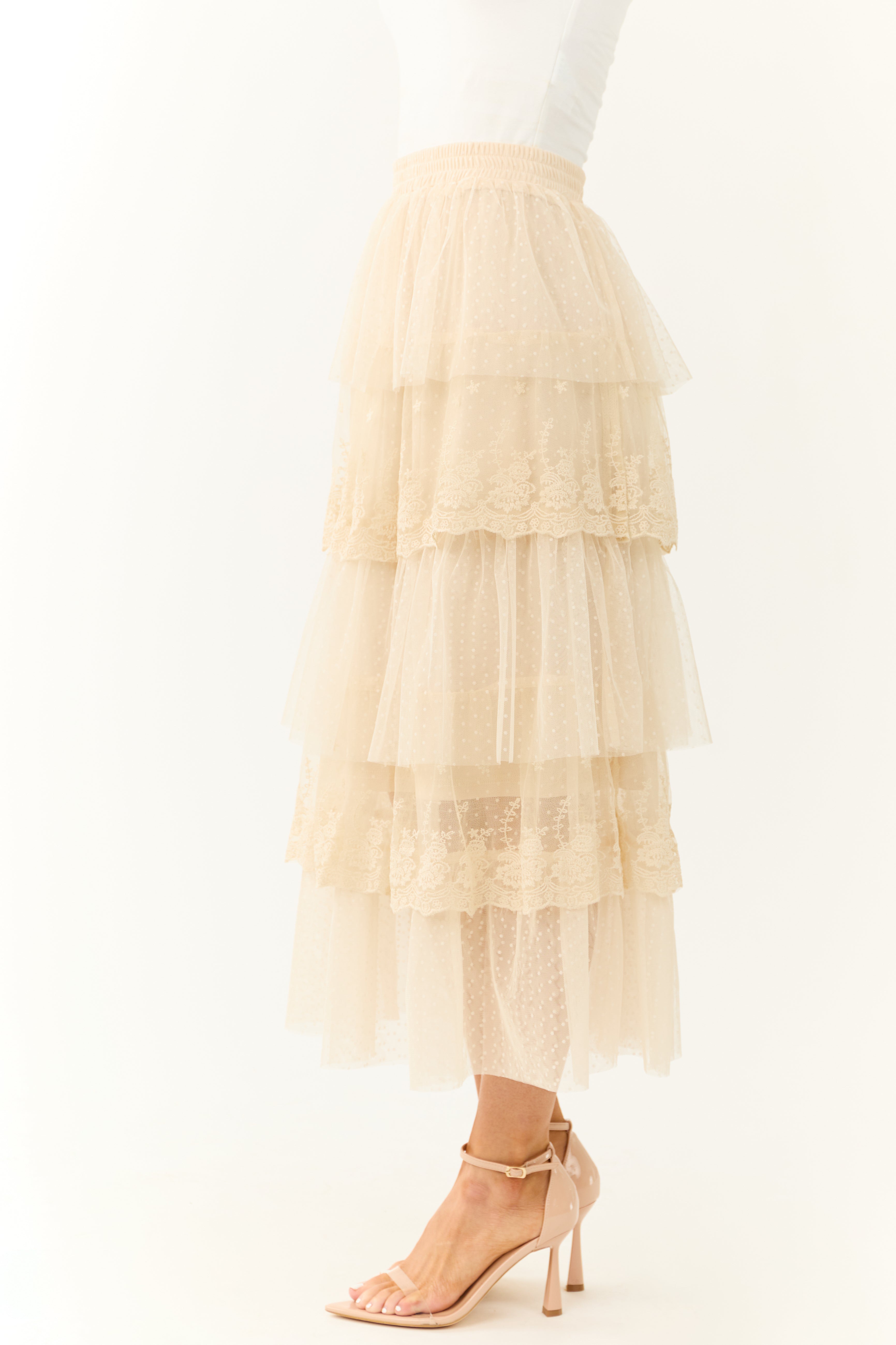 Almond Ruffle Swiss Dot Tulle Midi Skirt | Lime Lush Boutique