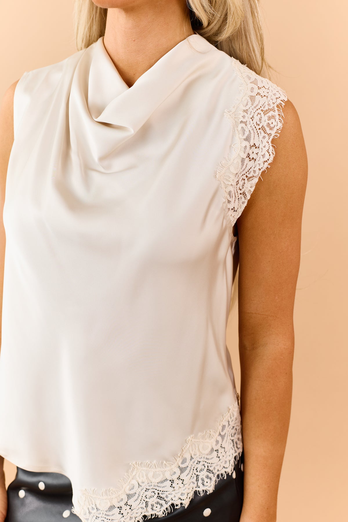 Almond Satin Lace Trim Asymmetrical Hem Blouse
