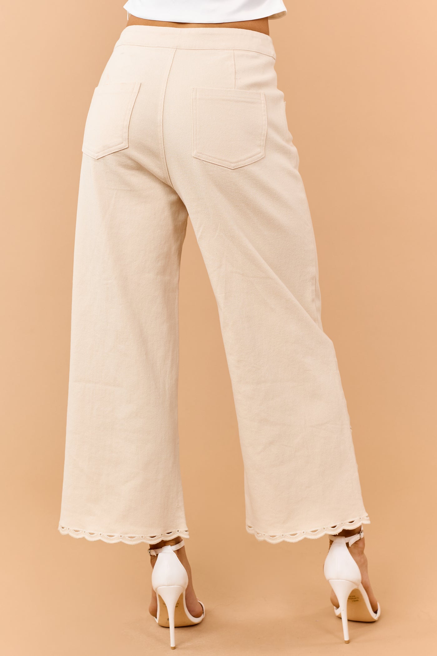 Almond Scalloped Embroidered Hem Wide Crop Jeans