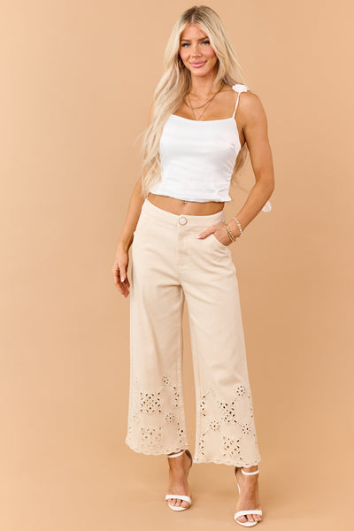 Almond Scalloped Embroidered Hem Wide Crop Jeans