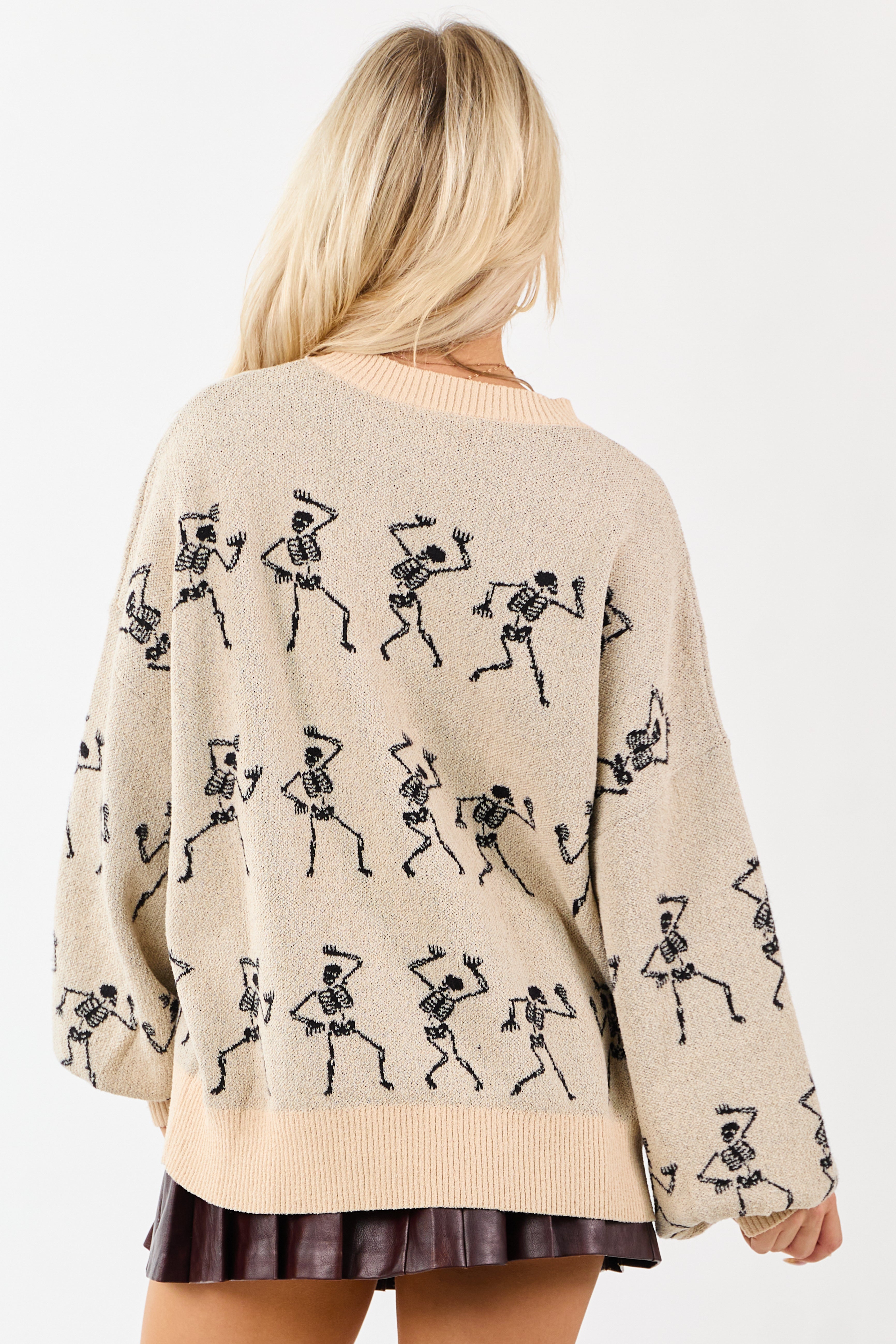 Almond Skeleton Pattern Puff Sleeve Knit Sweater