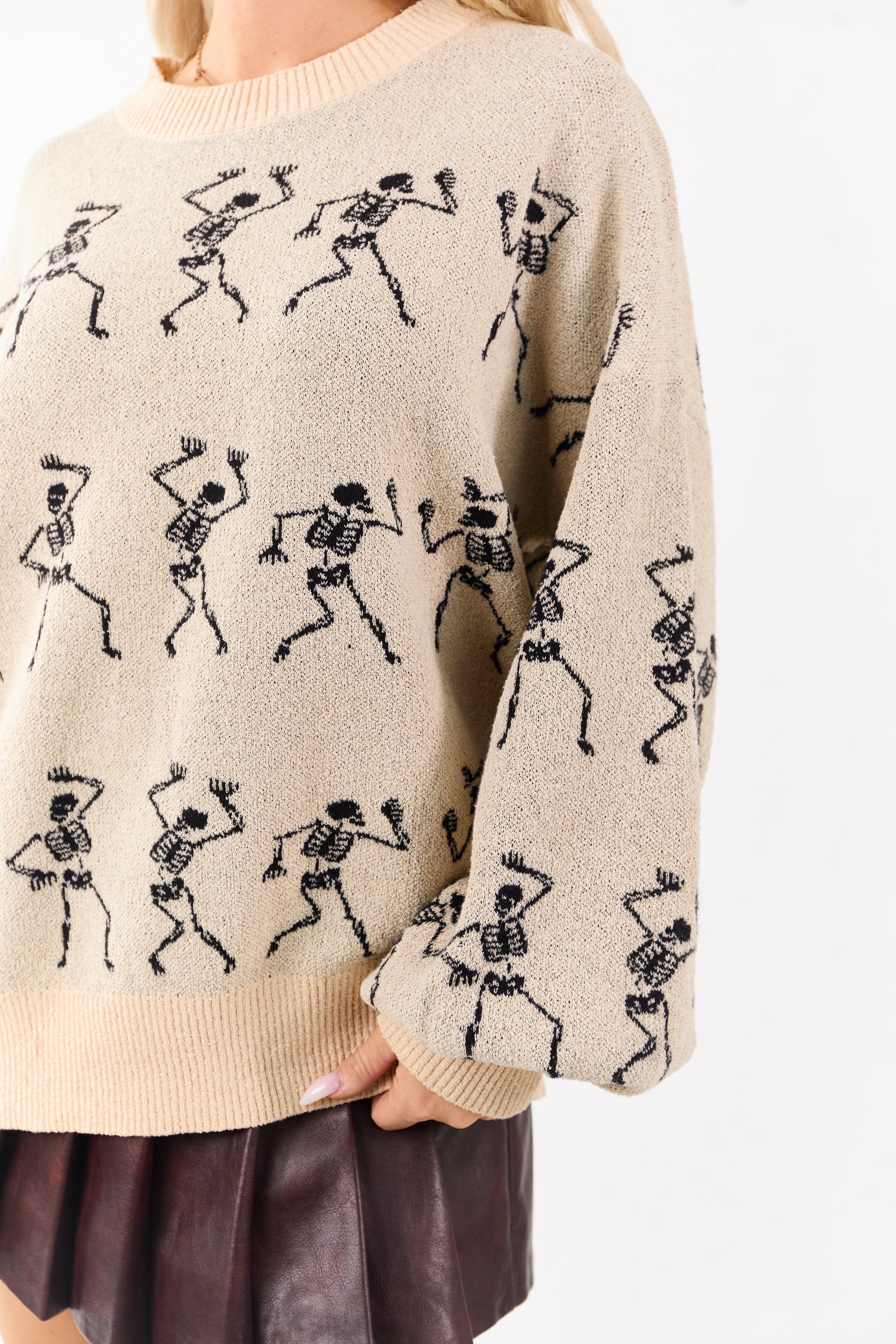 Almond Skeleton Pattern Puff Sleeve Knit Sweater