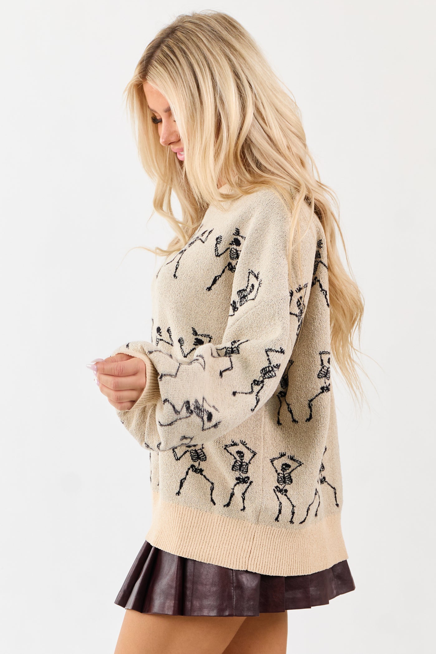 Almond Skeleton Pattern Puff Sleeve Knit Sweater