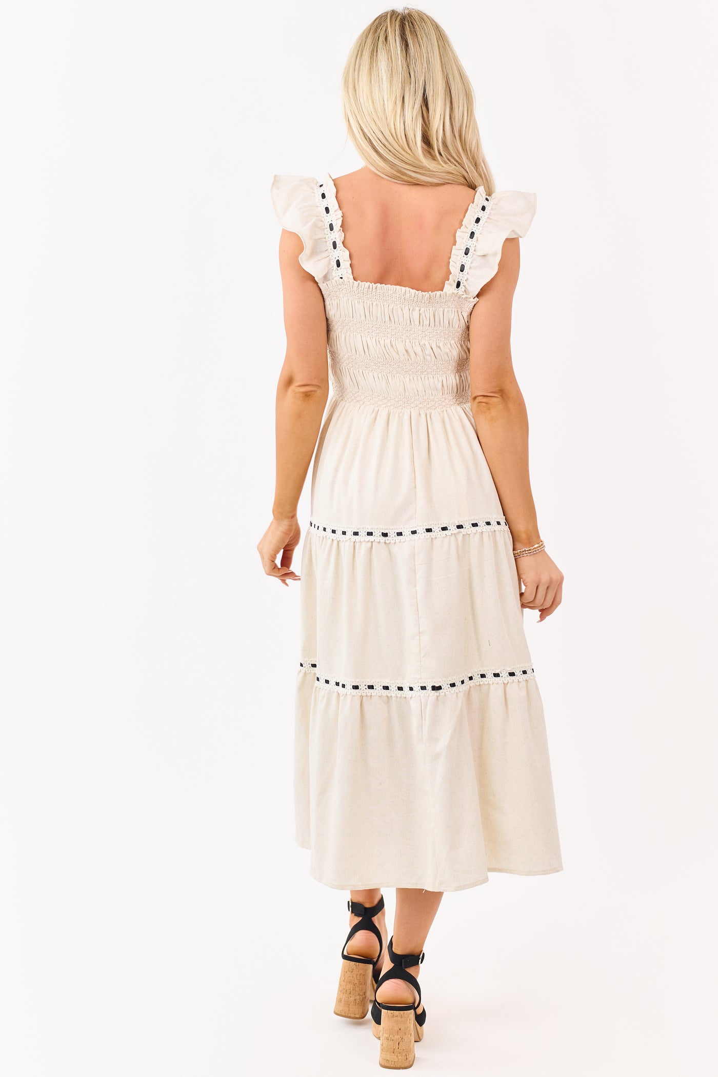 Almond Smocked Lace Ribbon Tiered Midi Dress