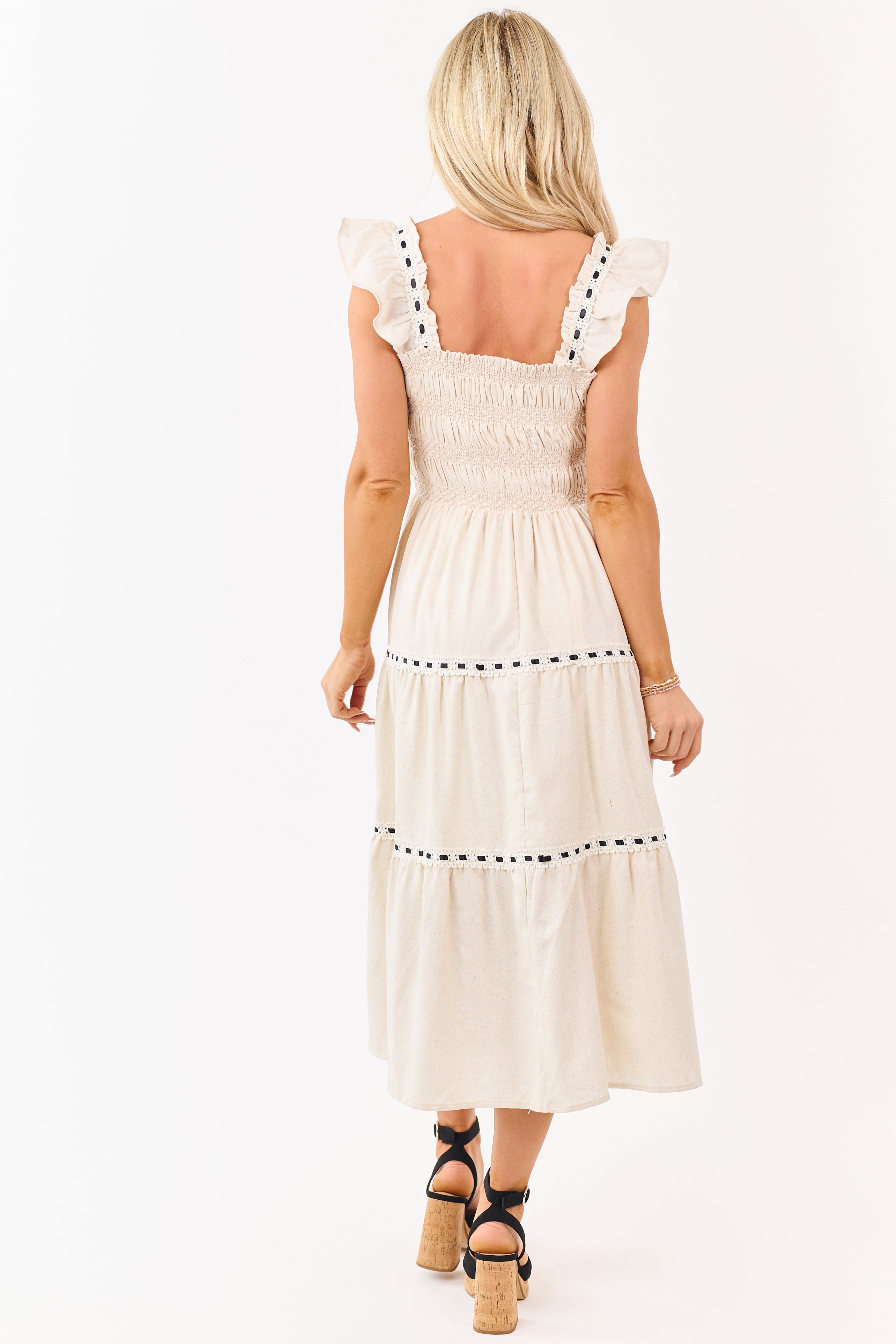 Almond Smocked Lace Ribbon Tiered Midi Dress