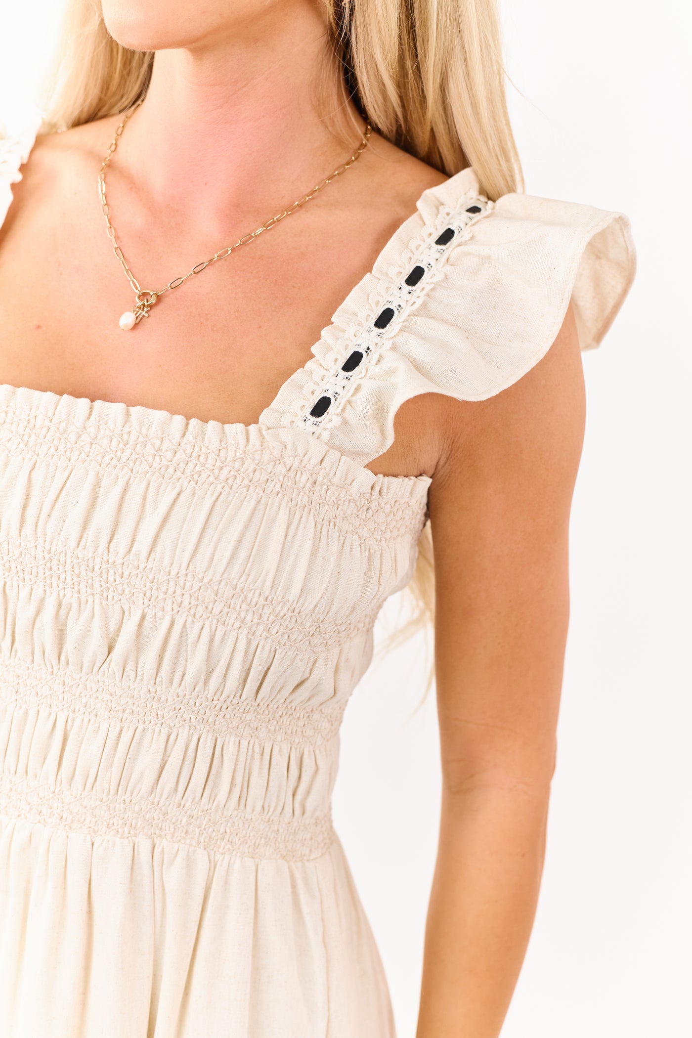 Almond Smocked Lace Ribbon Tiered Midi Dress
