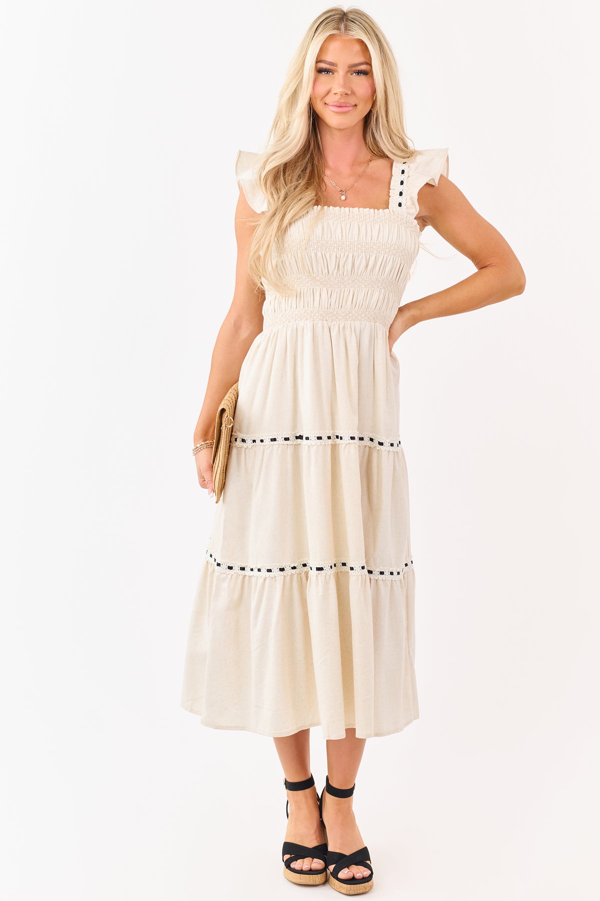 Teared Ribon Almond Smocked Lace Ribbon Tiered Midi Dress | Lime Lush Boutique