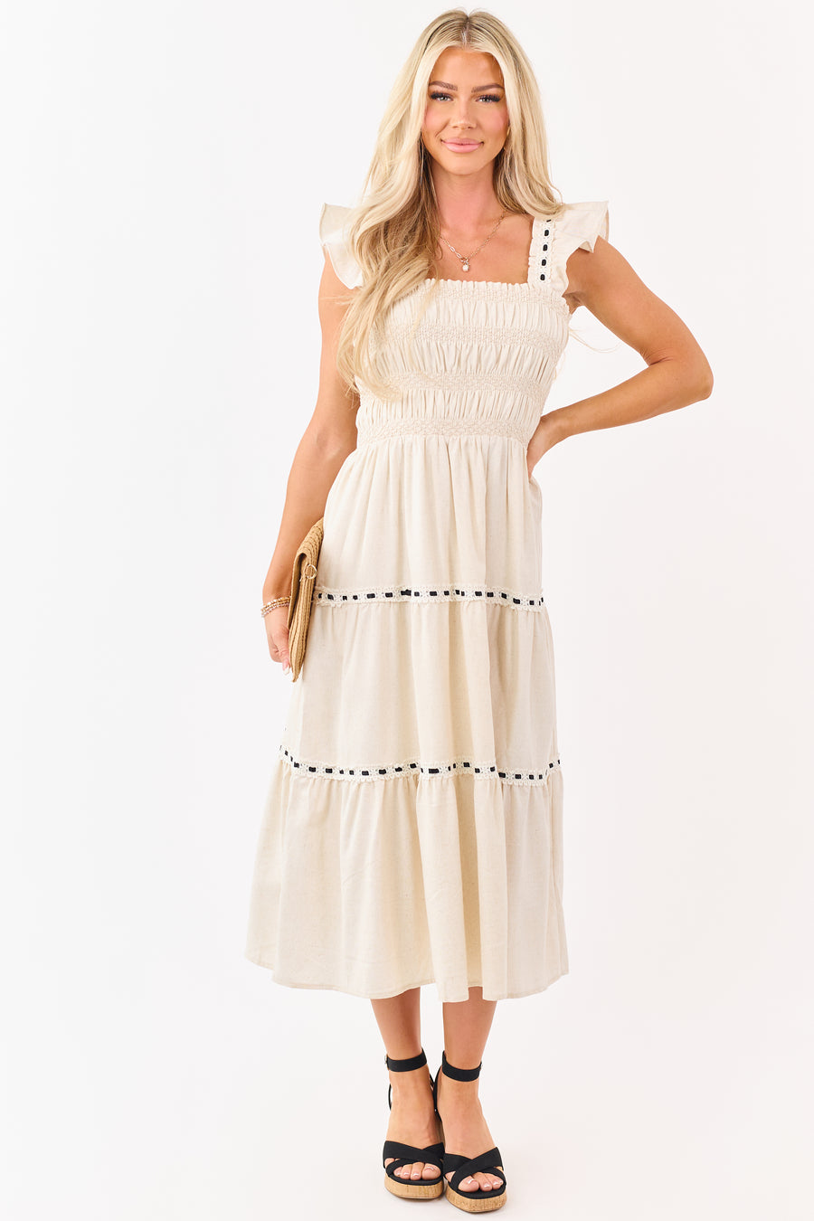 Almond Smocked Lace Ribbon Tiered Midi Dress