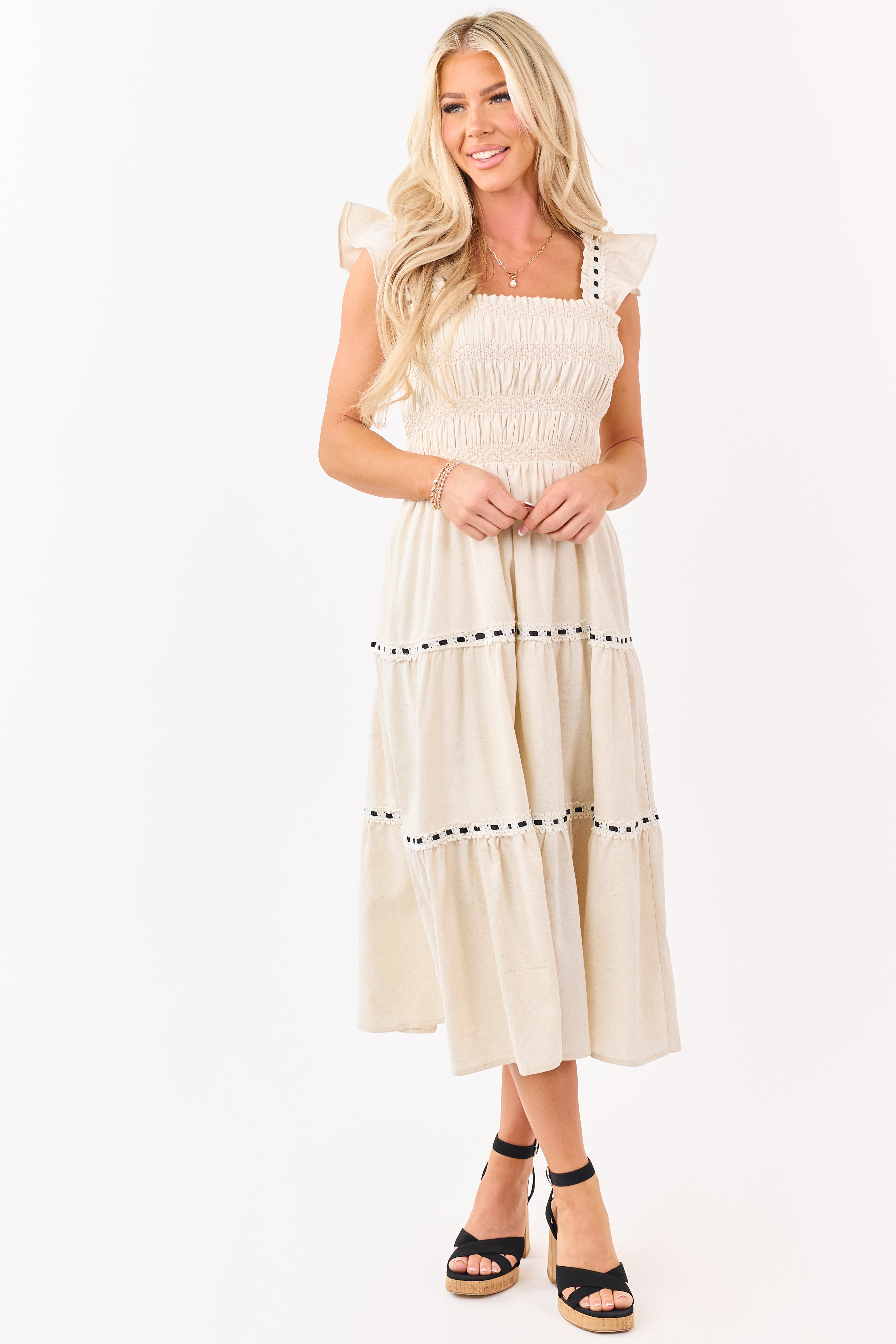Almond Smocked Lace Ribbon Tiered Midi Dress