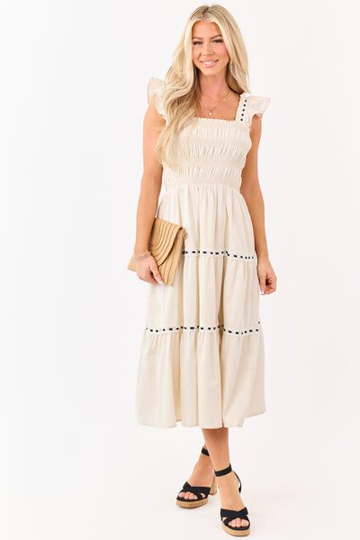 Almond Smocked Lace Ribbon Tiered Midi Dress