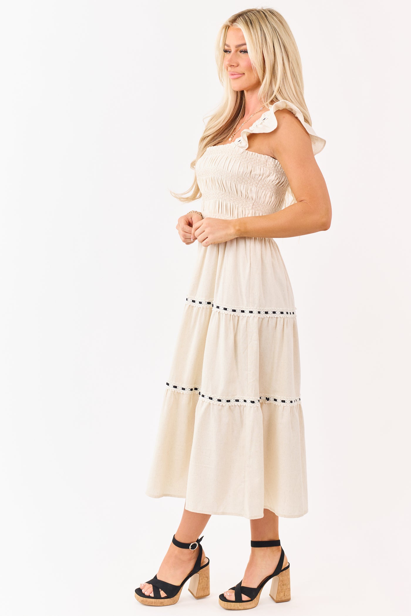 Almond Smocked Lace Ribbon Tiered Midi Dress