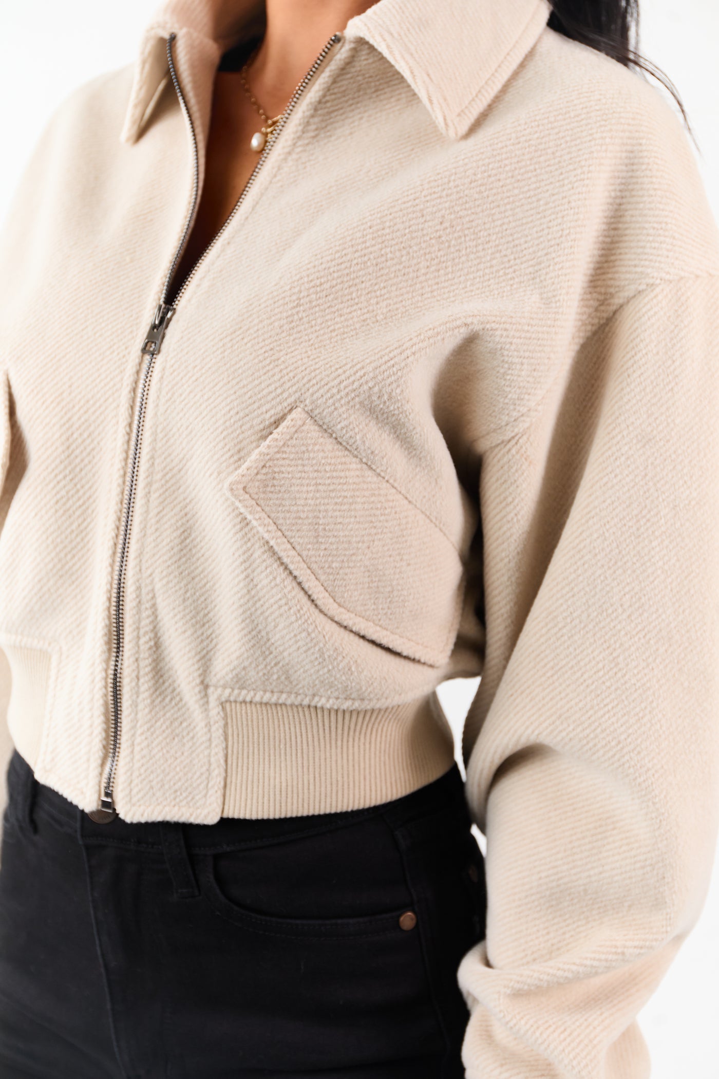 Almond Soft Corduroy Collared Zip Up Jacket