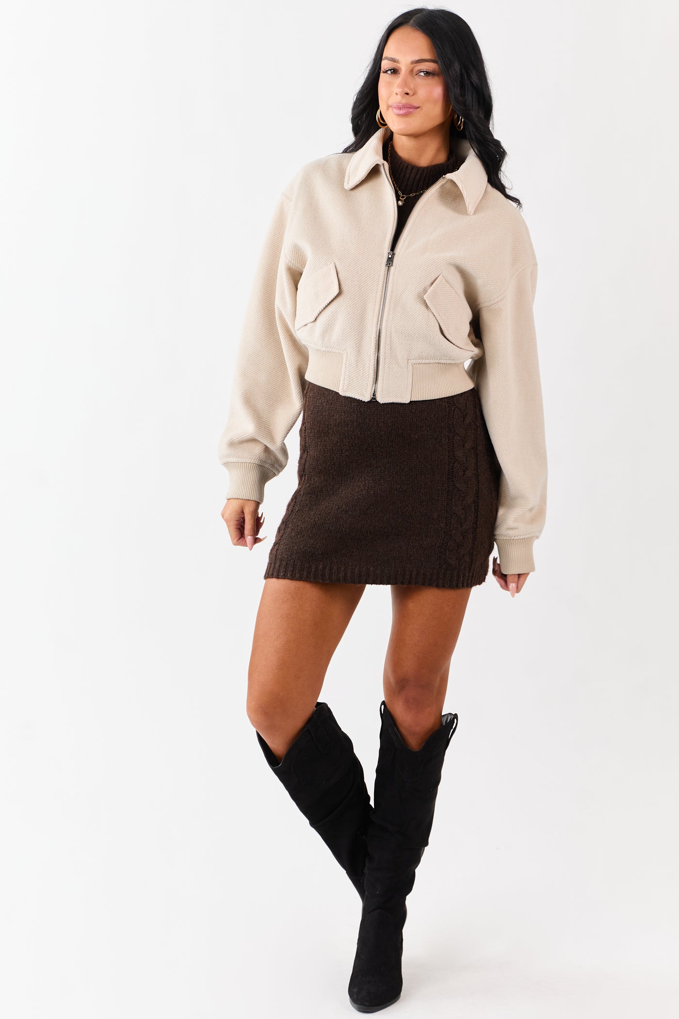 Almond Soft Corduroy Collared Zip Up Jacket