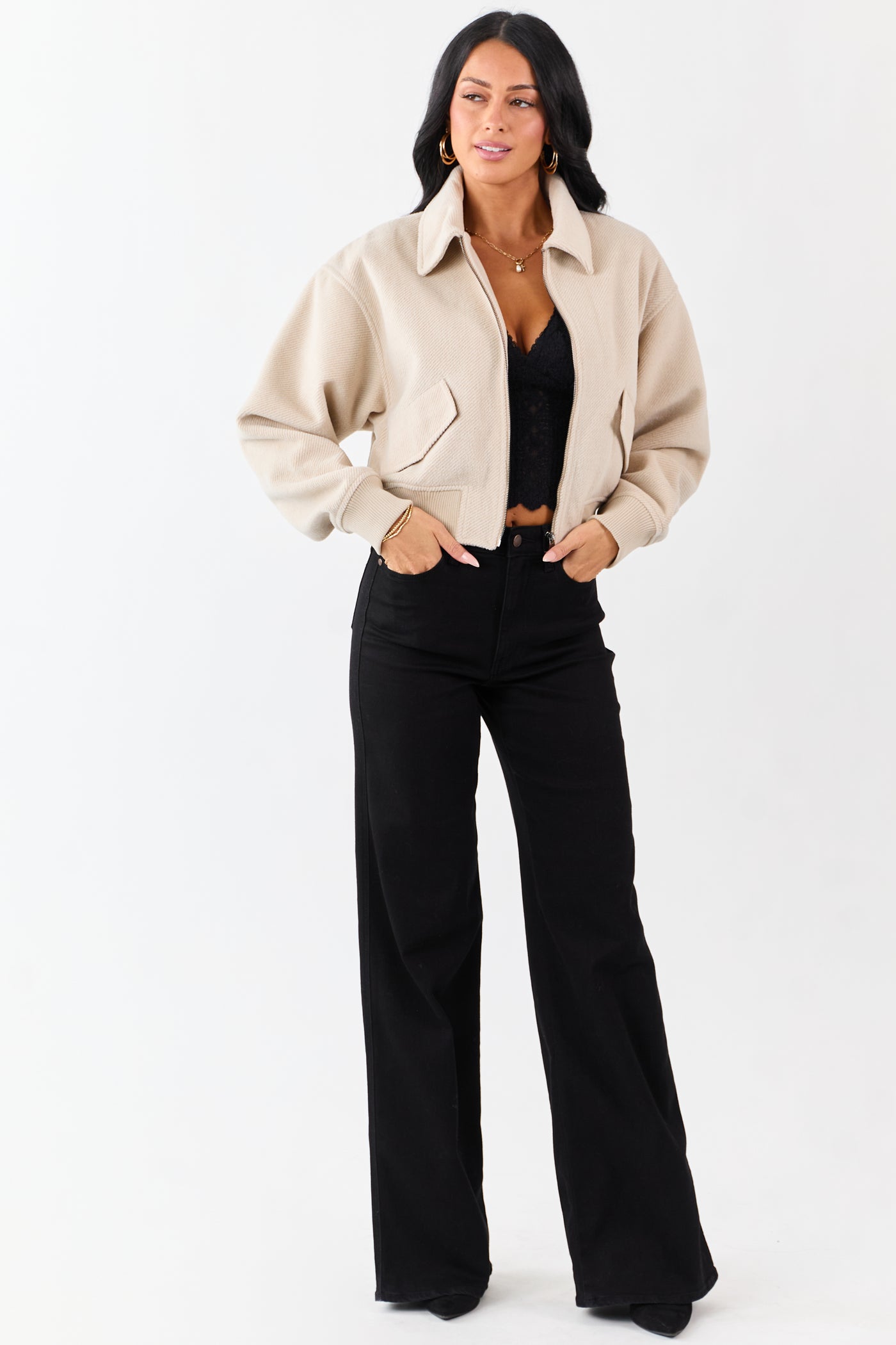 Almond Soft Corduroy Collared Zip Up Jacket