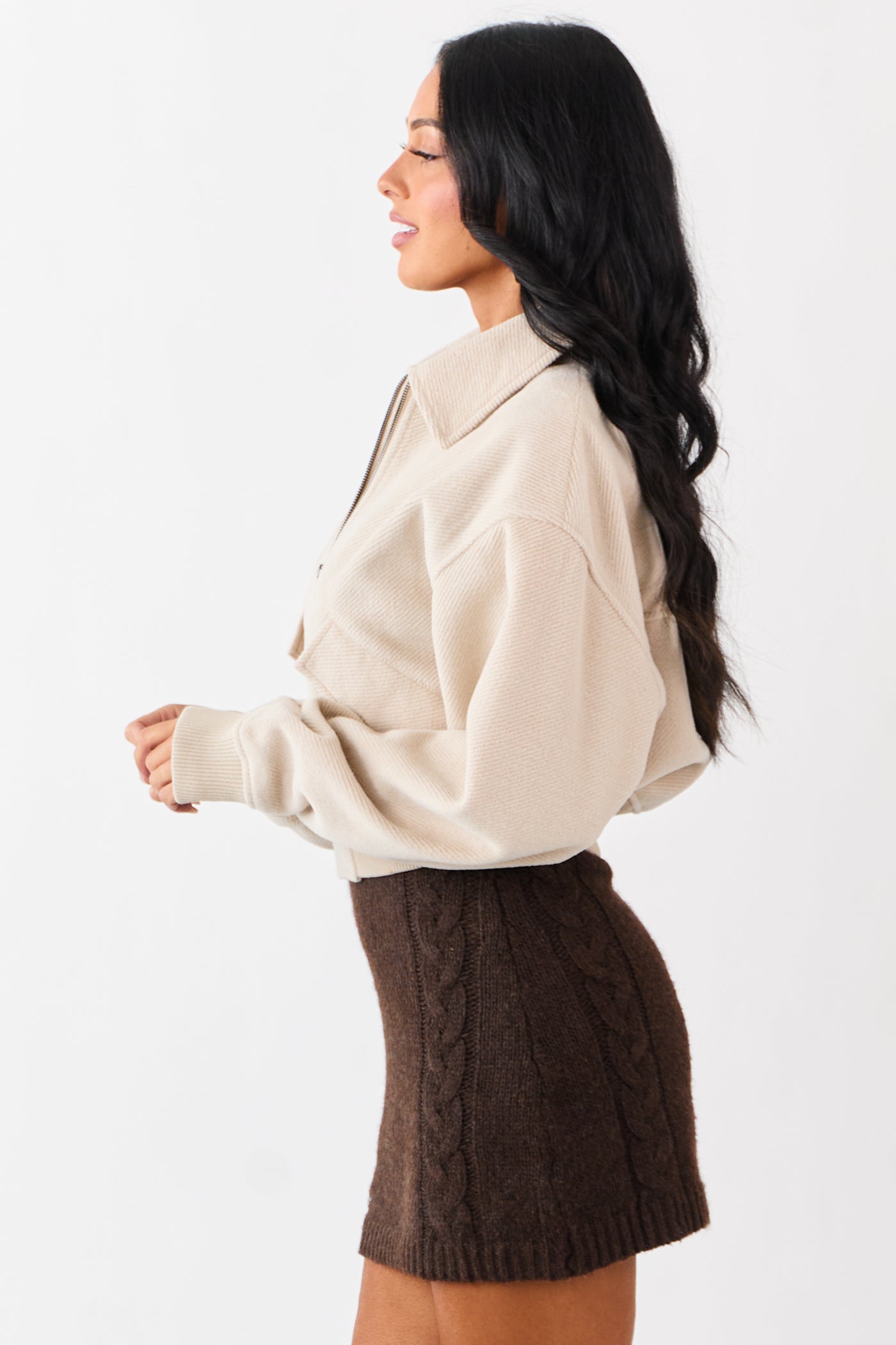 Almond Soft Corduroy Collared Zip Up Jacket