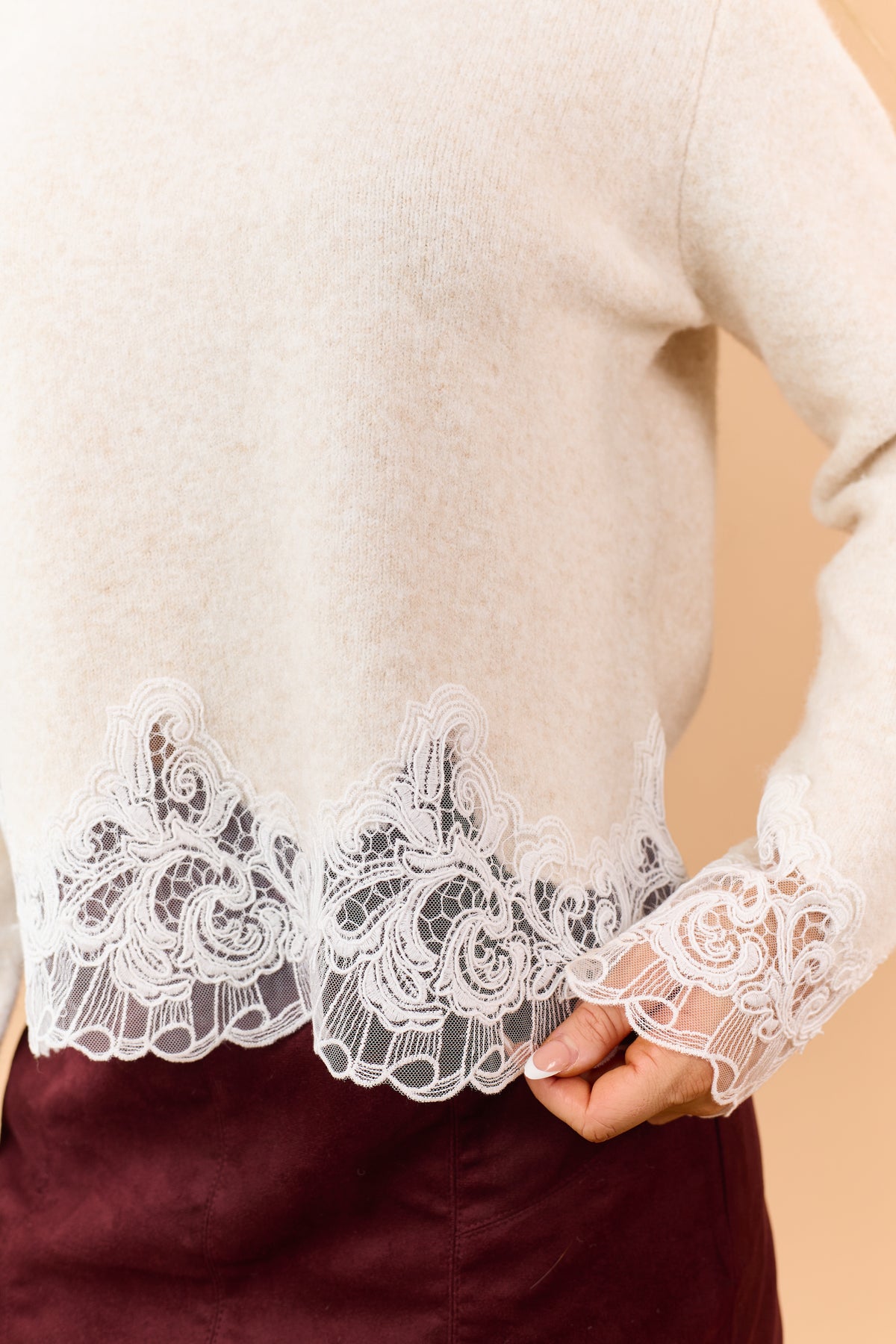 Almond Soft Knit Wool Blend Lace Trim Sweater