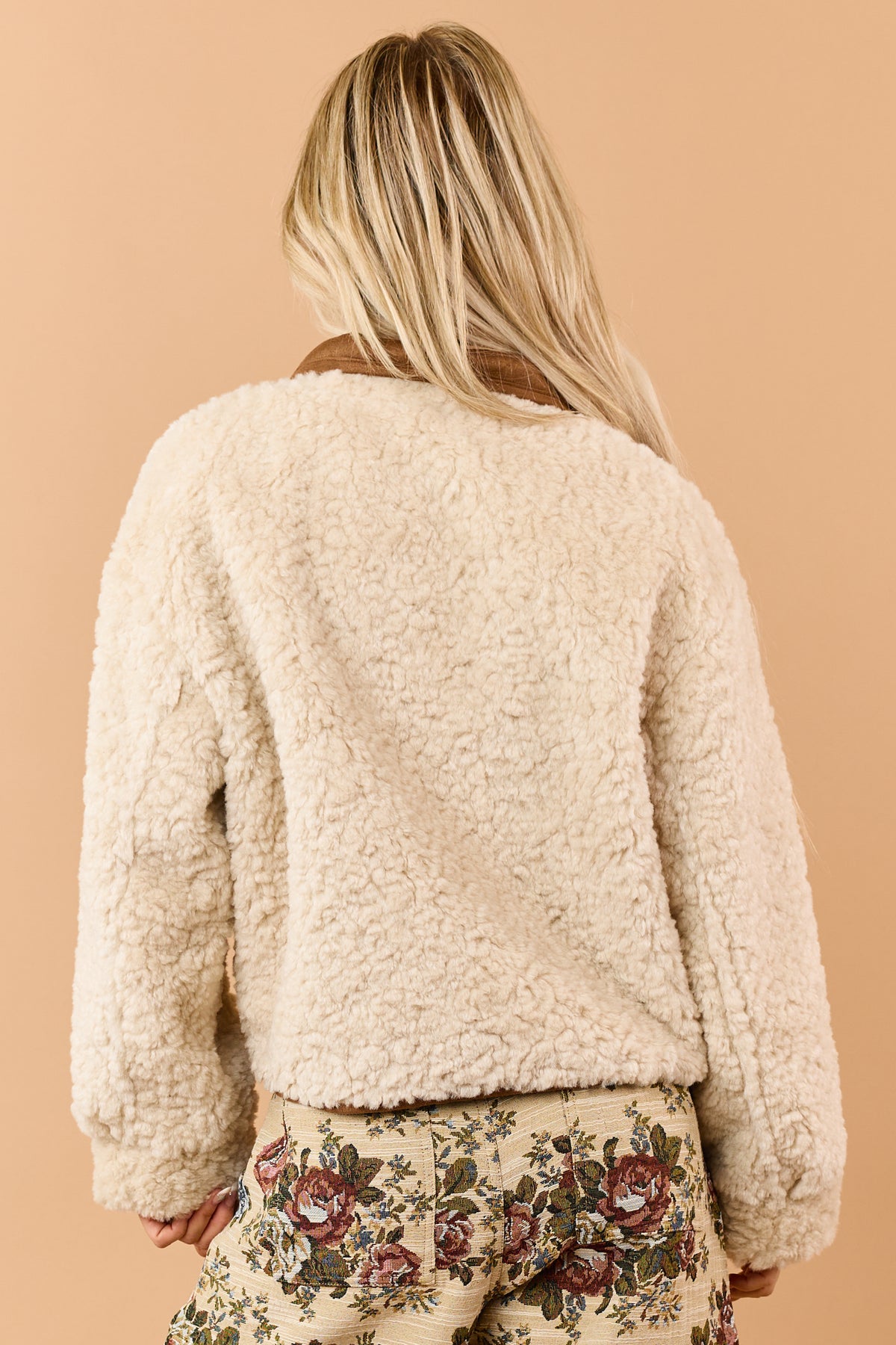 Almond Soft Sherpa Contrast Trim Button Down Jacket