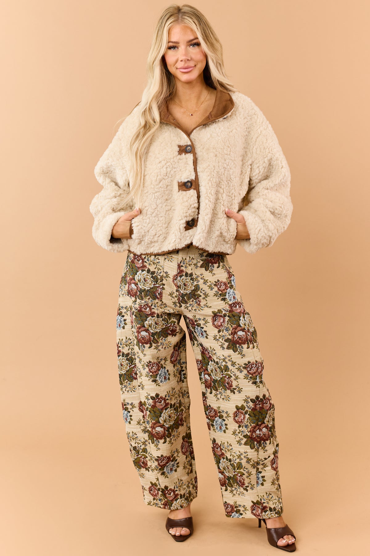 Almond Soft Sherpa Contrast Trim Button Down Jacket