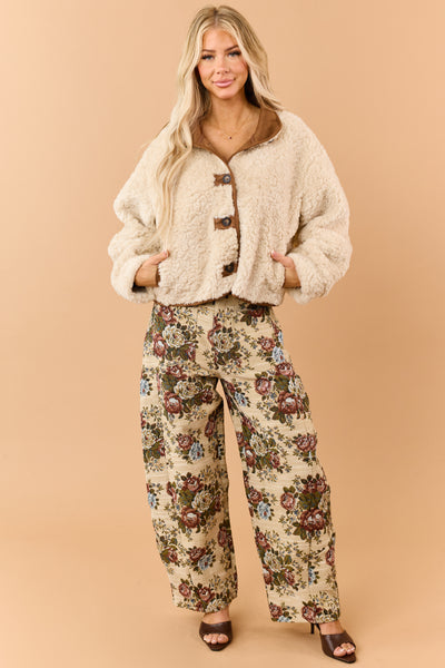 Almond Soft Sherpa Contrast Trim Button Down Jacket