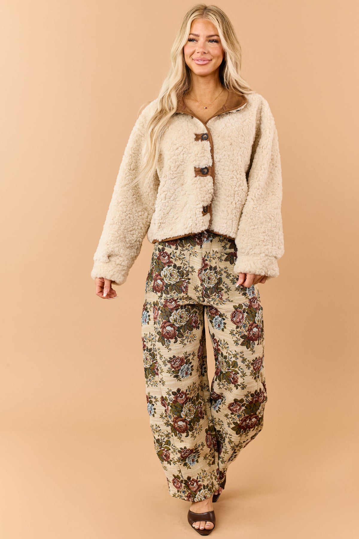 Almond Soft Sherpa Contrast Trim Button Down Jacket