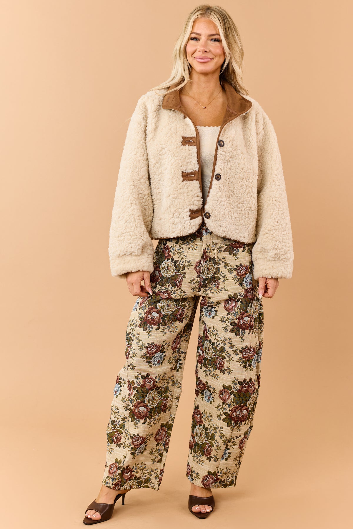 Almond Soft Sherpa Contrast Trim Button Down Jacket