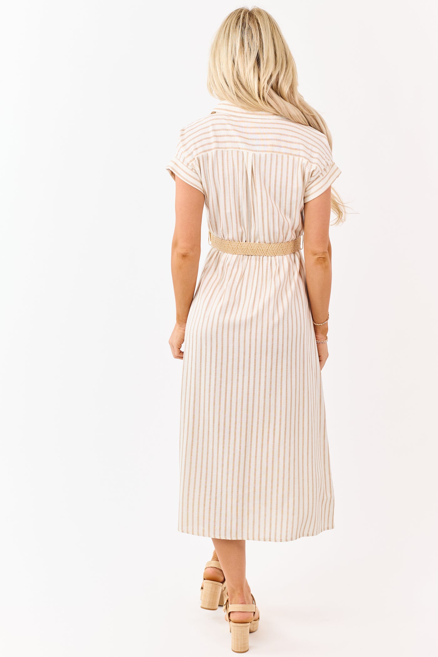 Almond Striped Button Down Midi Dress with Belt
