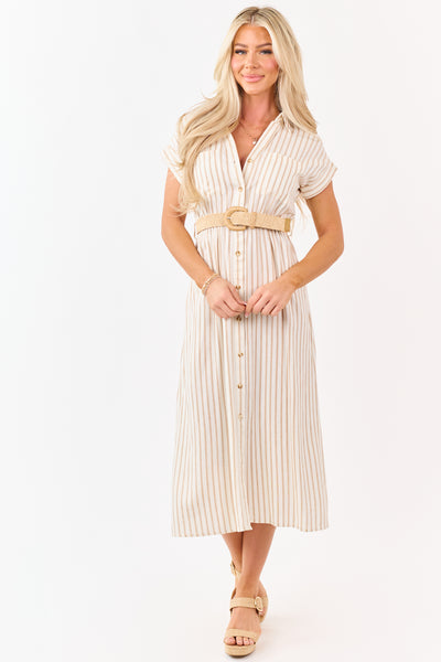 Almond Striped Button Down Midi Dress with Belt