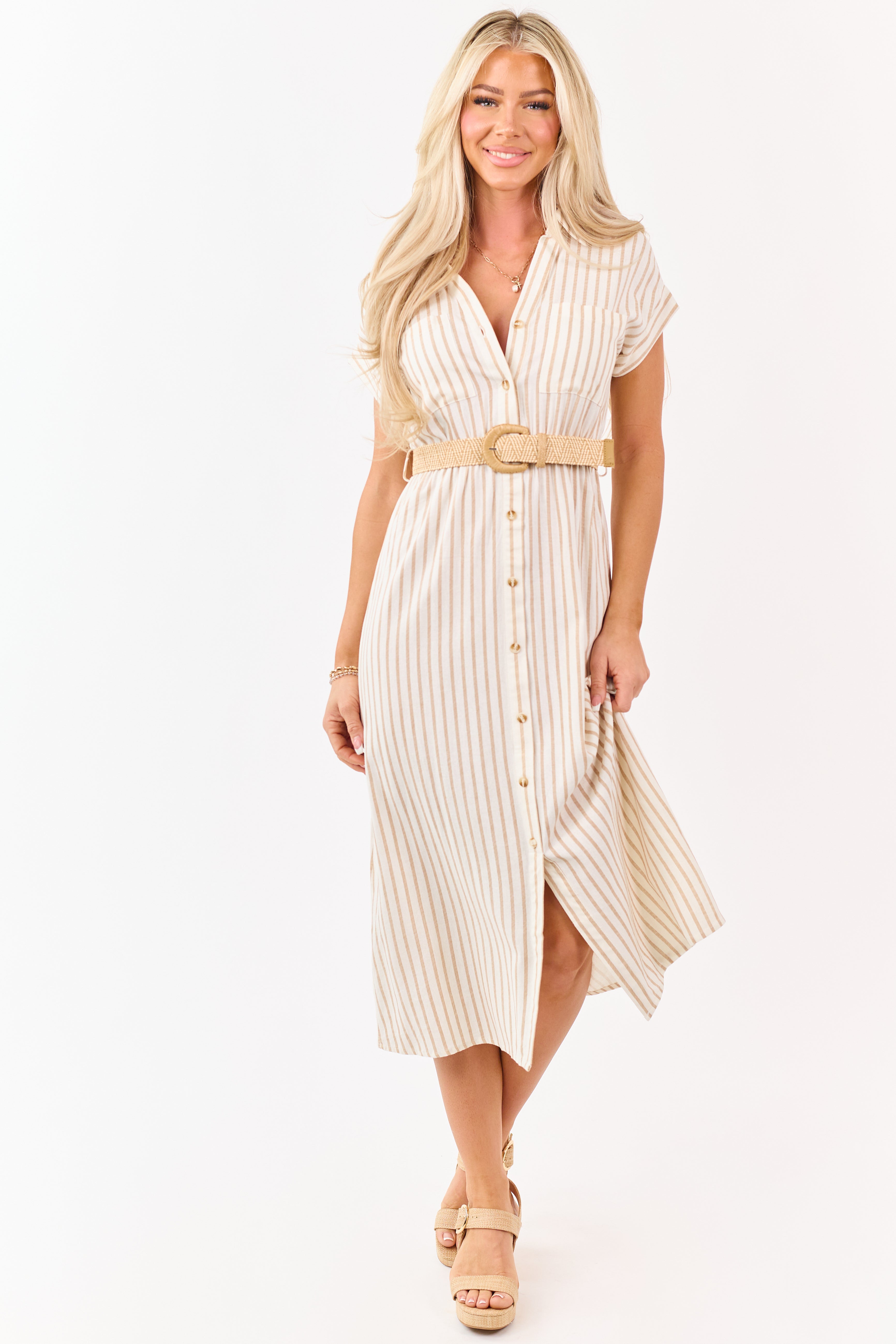 Almond Striped Button Down Midi Dress with Belt