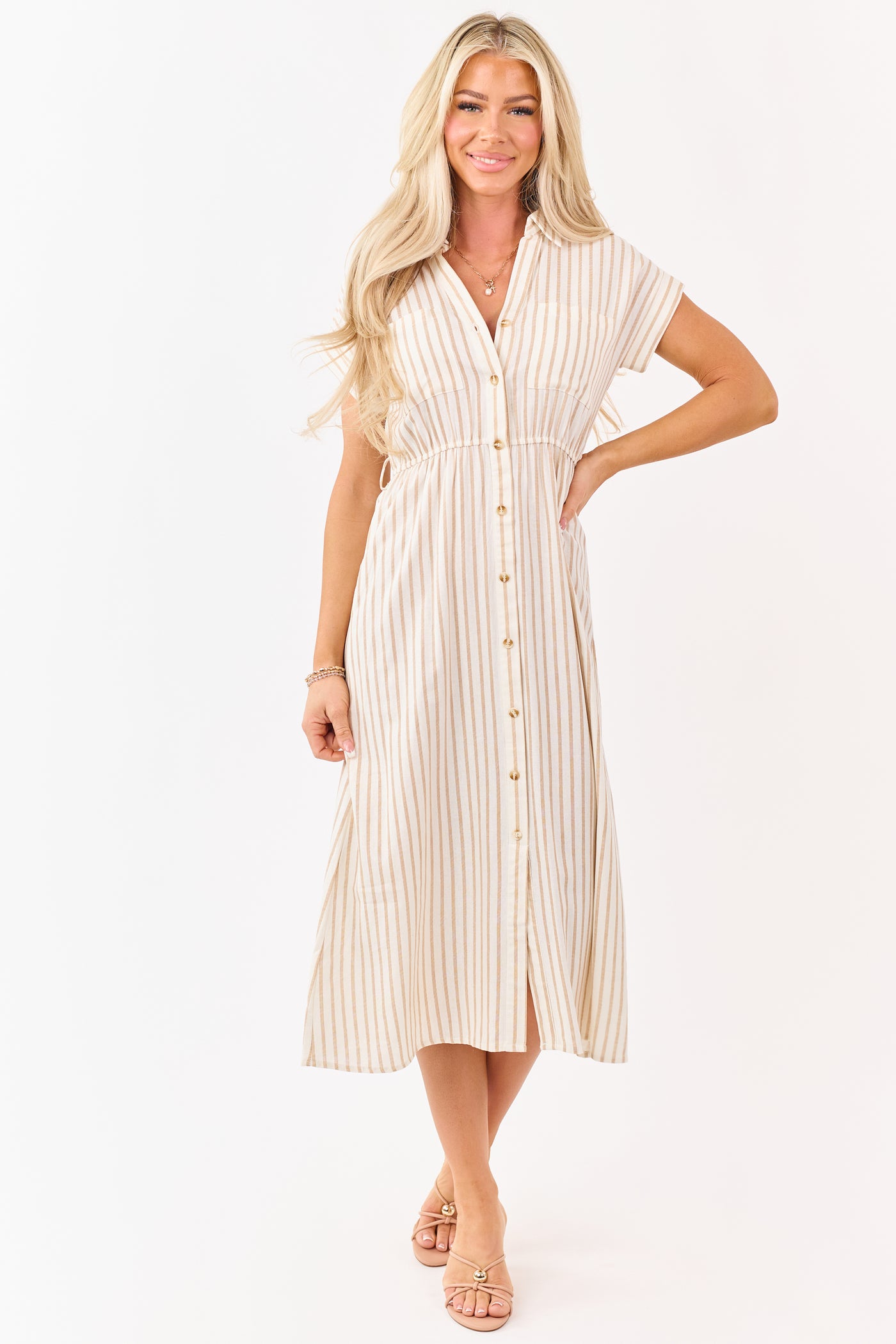 Almond Striped Button Down Midi Dress with Belt